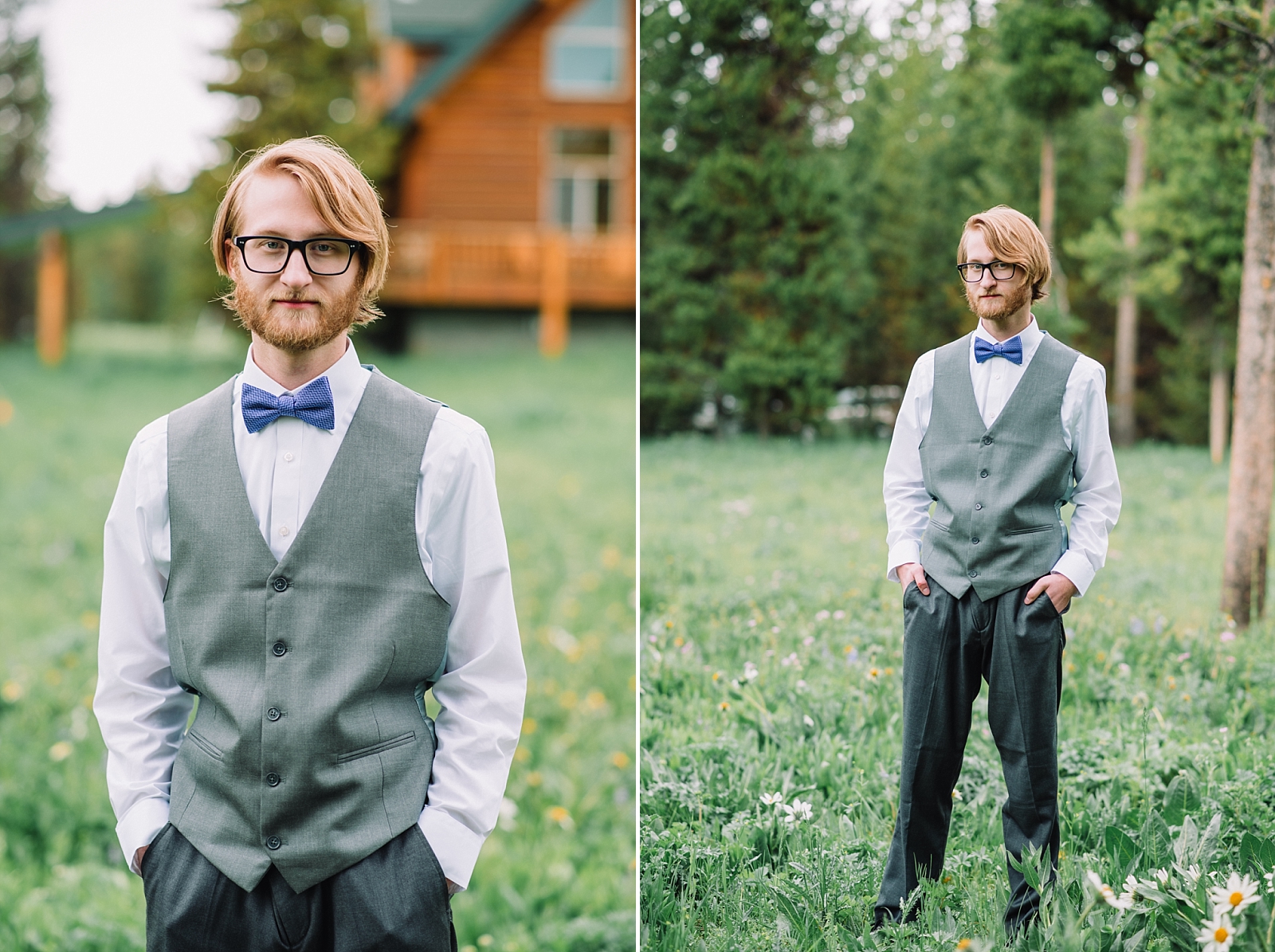 groom portrait wedding cabin