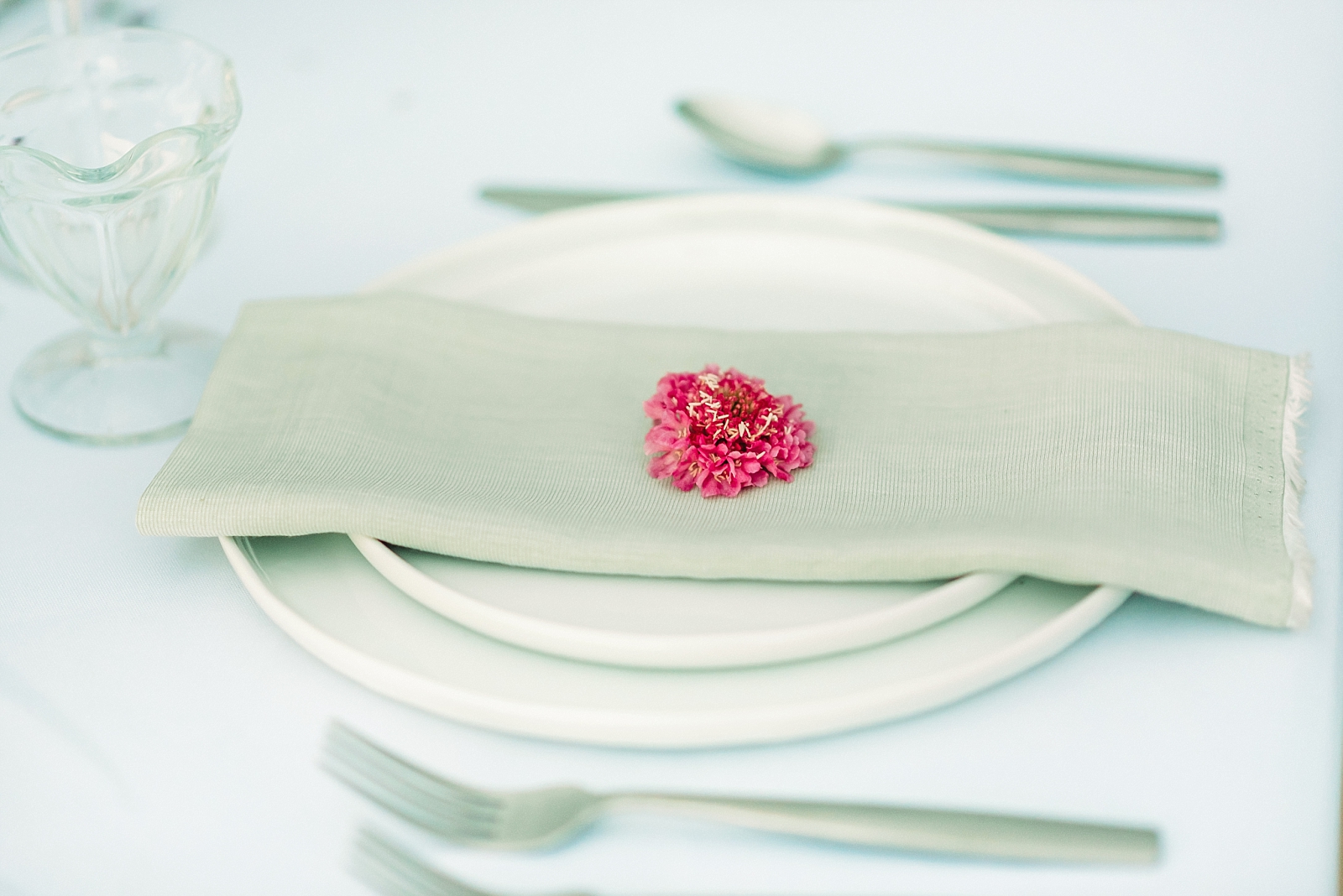 wedding table decor with white plates and single pink flower on table