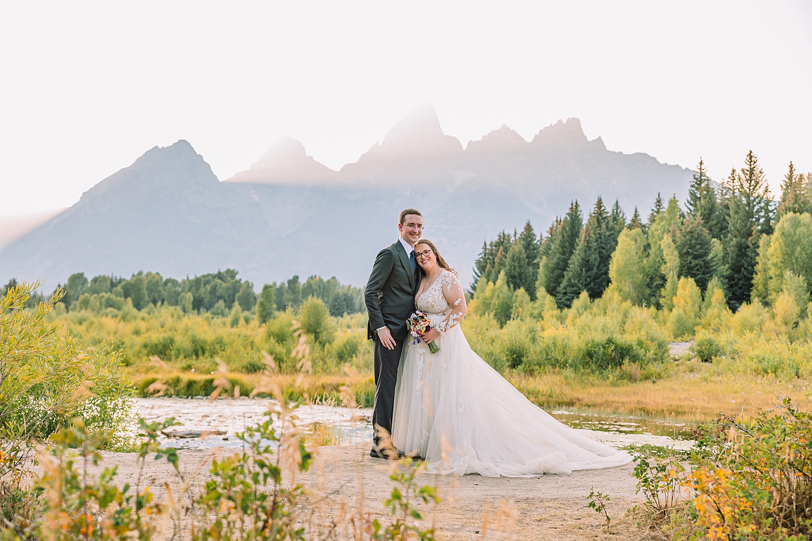 Schwabacher Landing sunset wedding photos Grand Teton elopement photography session intimate Jackson Hole wedding photography golden hour Schwabacher Landing couples photos