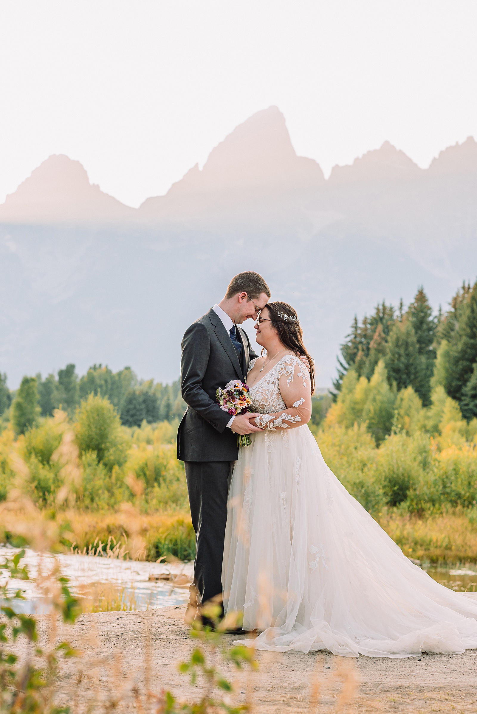 Schwabacher Landing sunset wedding photos Grand Teton elopement photography session intimate Jackson Hole wedding photography golden hour Schwabacher Landing couples photos