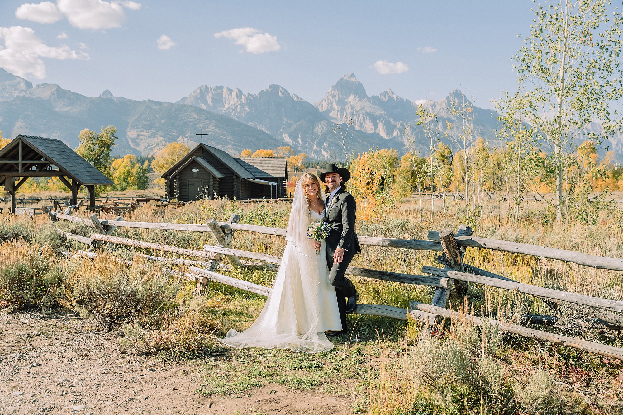 bride in mother's wedding dress teal boots bride groom cowboy hat bolo tie mountain wedding Cathedral Group Turnout wedding photos sagebrush String Lake wedding photography sunset late September wedding Grand Teton fall foliage Schwabacher Landing fall colors wedding