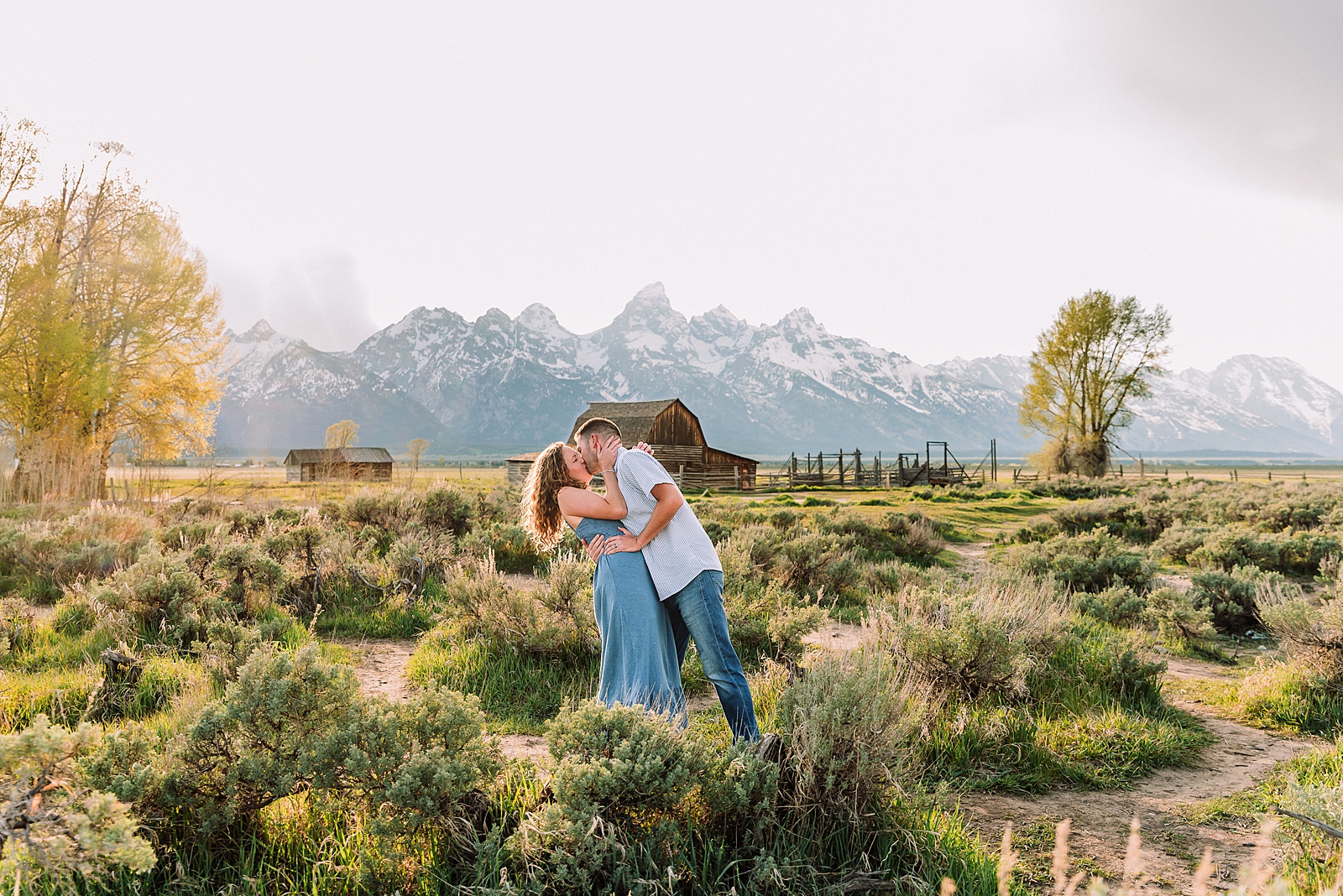 golden hour couples photography Mormon Row Jackson Hole Teton mountain backdrop engagement photos Wyoming blue coordinated outfits couples portraits Grand Tetons historic barn couples photography Jackson Hole Wyoming spring aspen trees anniversary session Mormon Row rustic fence line portraits Grand Teton National Park