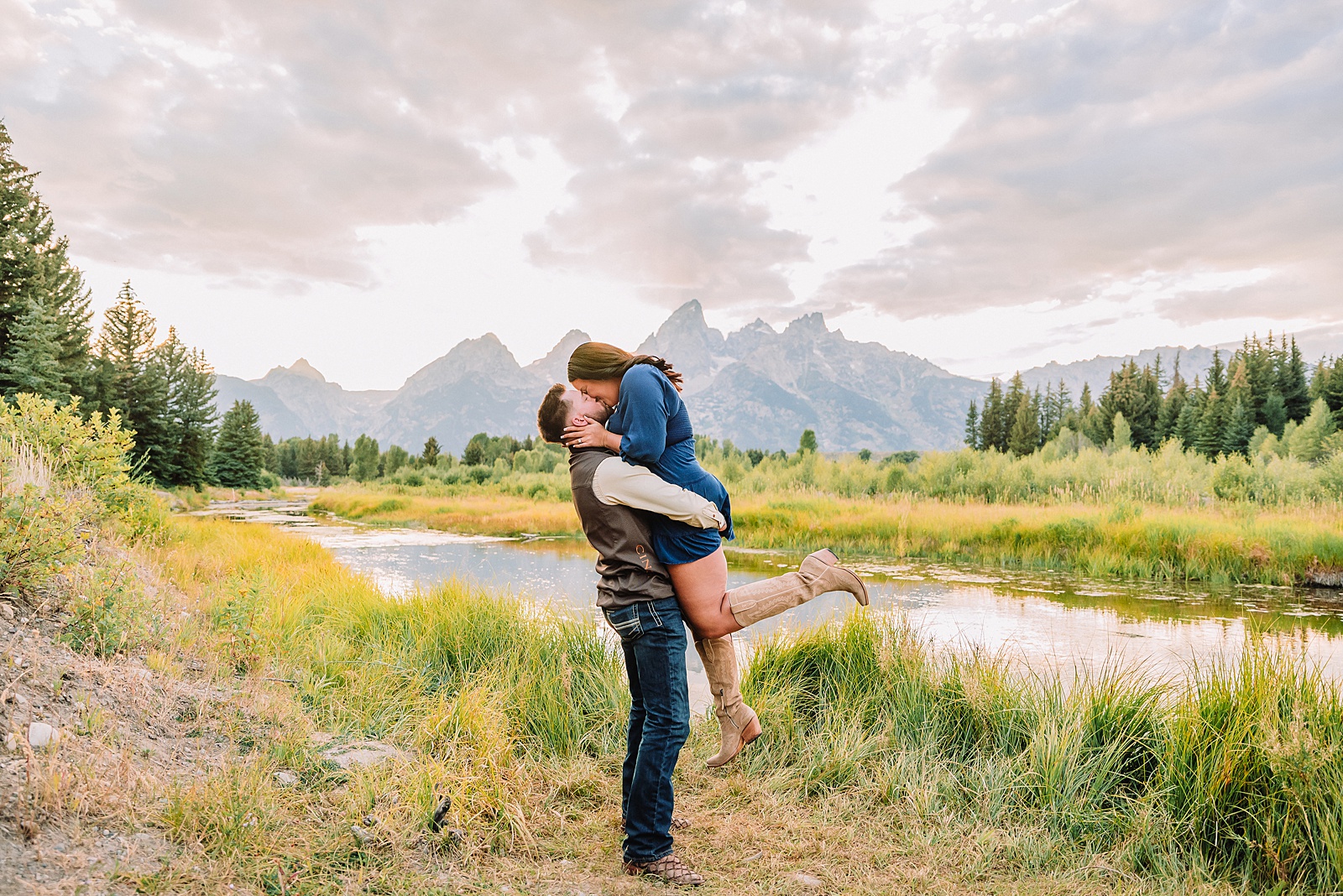 Schwabacher Landing proposal photos romantic Jackson Hole couple photography Grand Teton National Park proposal ideas Wyoming mountain surprise engagement session