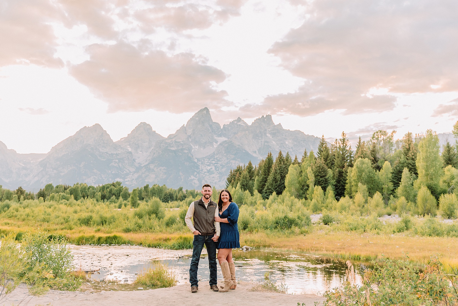 Schwabacher Landing proposal photos romantic Jackson Hole couple photography Grand Teton National Park proposal ideas Wyoming mountain surprise engagement session