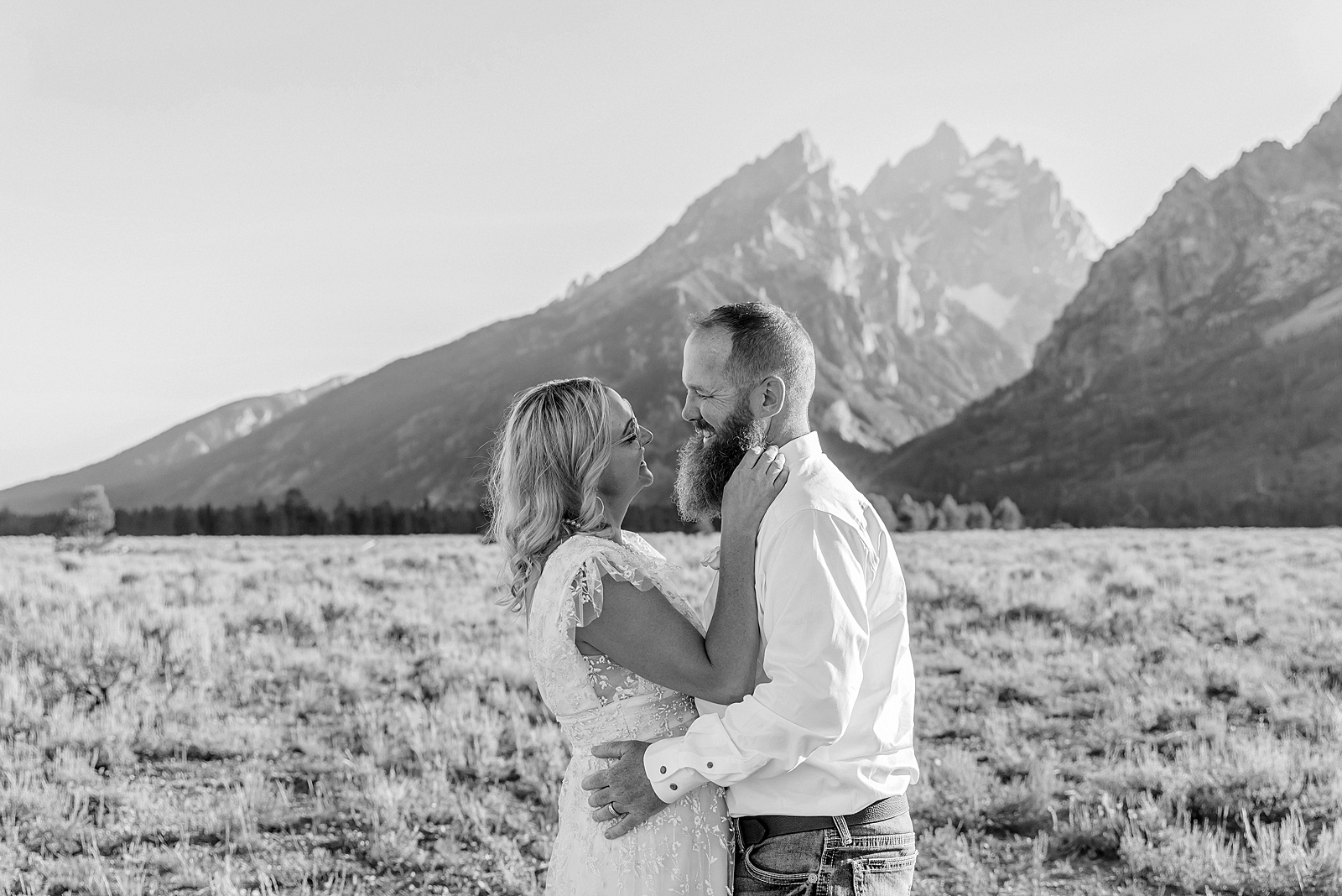 Jackson Hole vow renewal at Cathedral View Turnout intimate mountain vow renewal ceremony Wyoming 10 year anniversary vow renewal Grand Tetons beaded wedding dress mountain vow renewal Cathedral View Turnout vow renewal photographer Grand Teton National Park intimate wedding ceremony