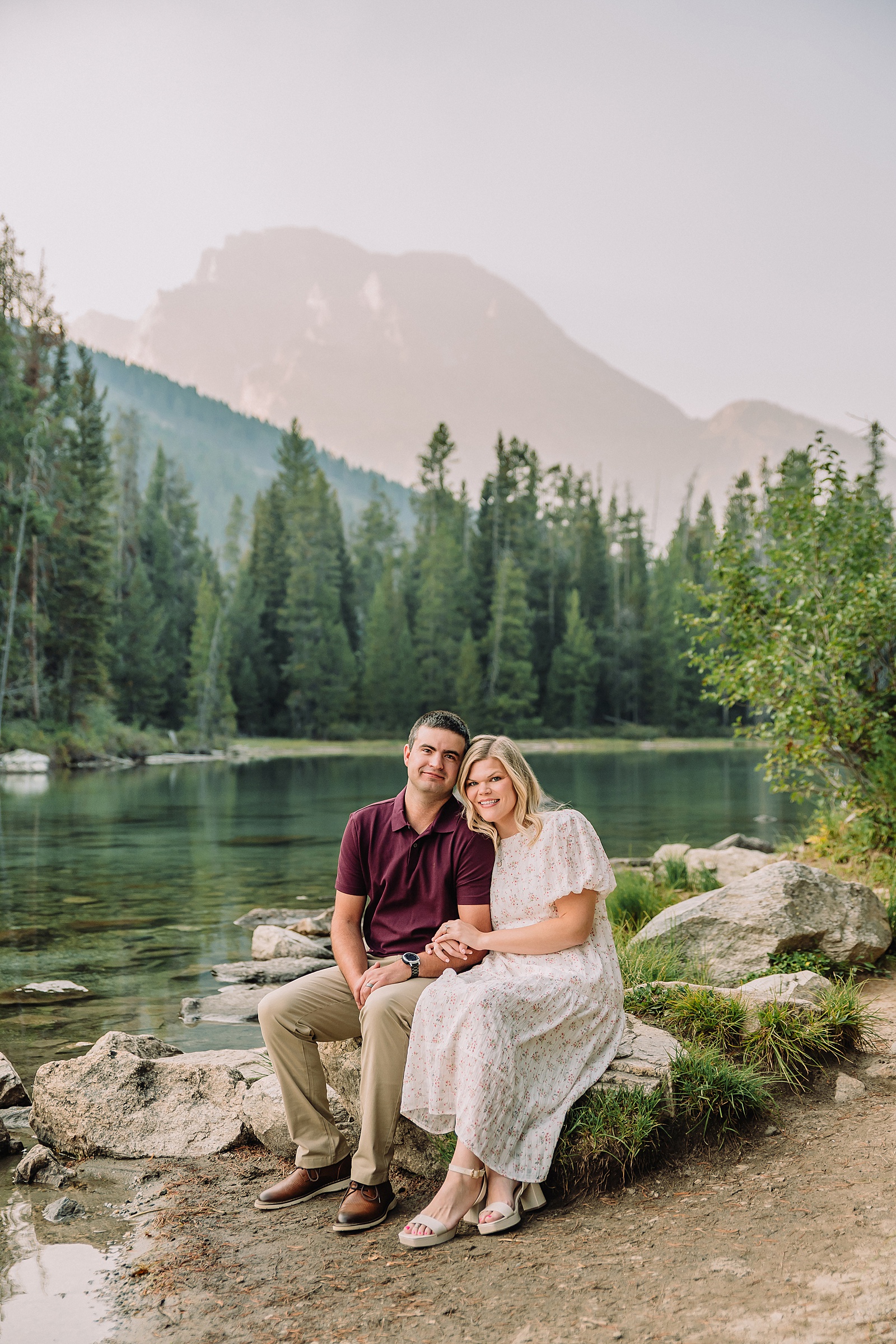 String Lake engagement photos in Grand Teton National Park Jackson Hole mountain engagement photography Teton engagement session at String Lake cream floral dress engagement photos Jackson Wyoming LDS temple wedding engagement photos Tetons fall engagement photo outfits Jackson Hole String Lake Wyoming couple photography session