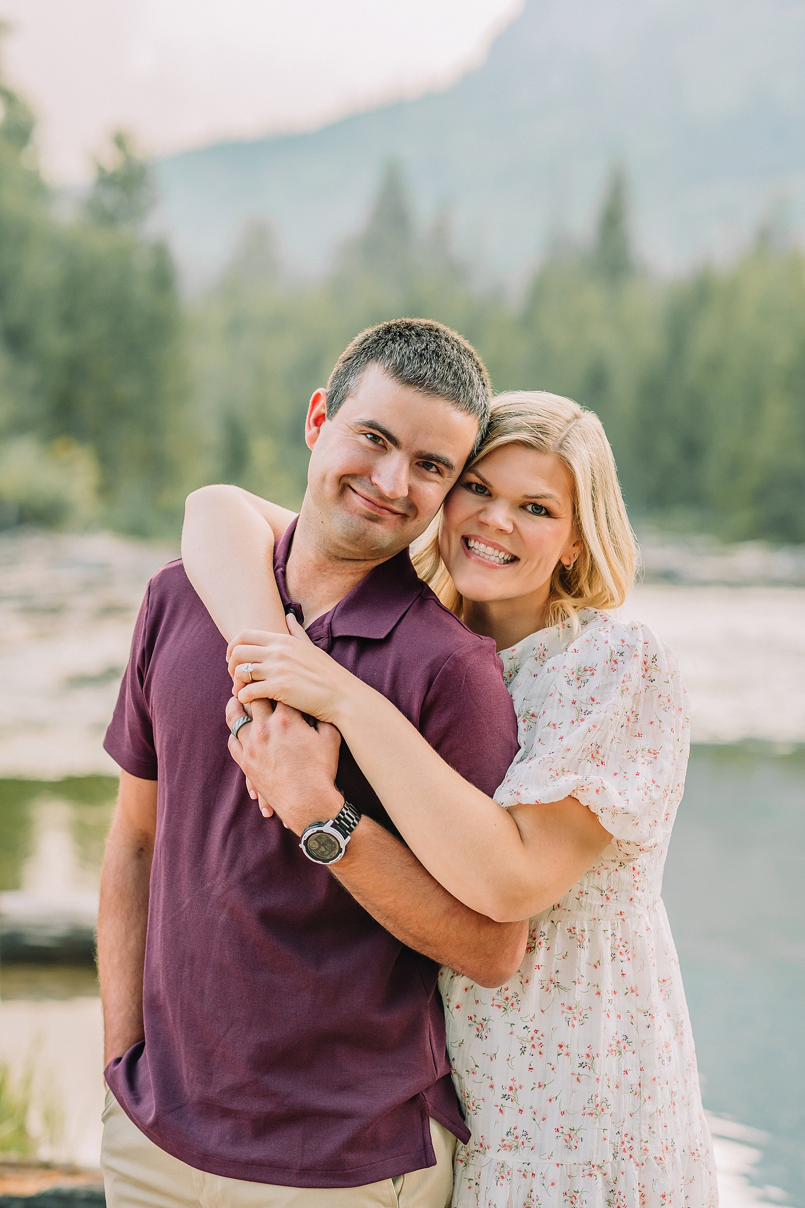 String Lake engagement photos in Grand Teton National Park Jackson Hole mountain engagement photography Teton engagement session at String Lake cream floral dress engagement photos Jackson Wyoming LDS temple wedding engagement photos Tetons fall engagement photo outfits Jackson Hole String Lake Wyoming couple photography session
