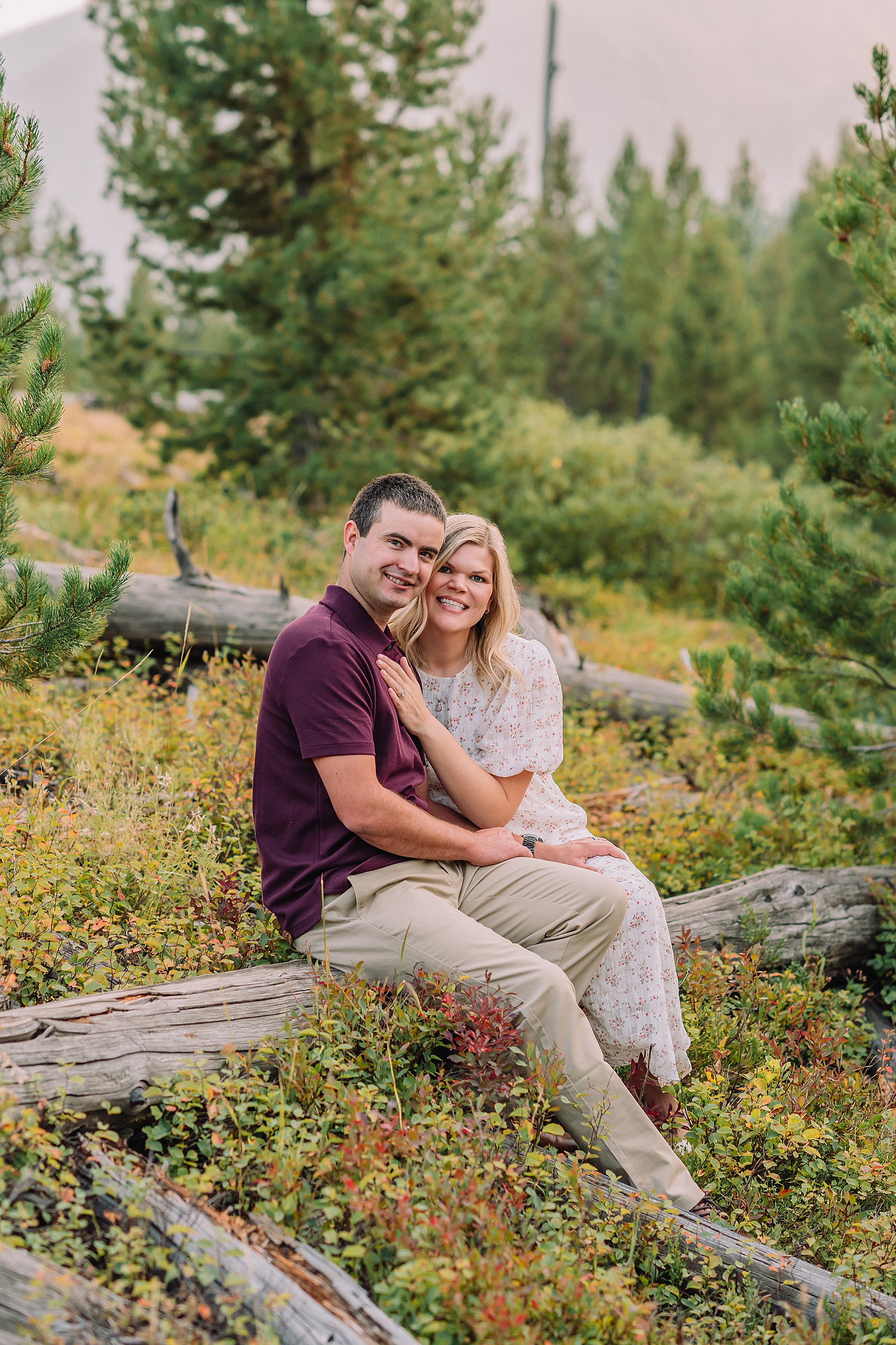 String Lake engagement photos in Grand Teton National Park Jackson Hole mountain engagement photography Teton engagement session at String Lake cream floral dress engagement photos Jackson Wyoming LDS temple wedding engagement photos Tetons fall engagement photo outfits Jackson Hole String Lake Wyoming couple photography session