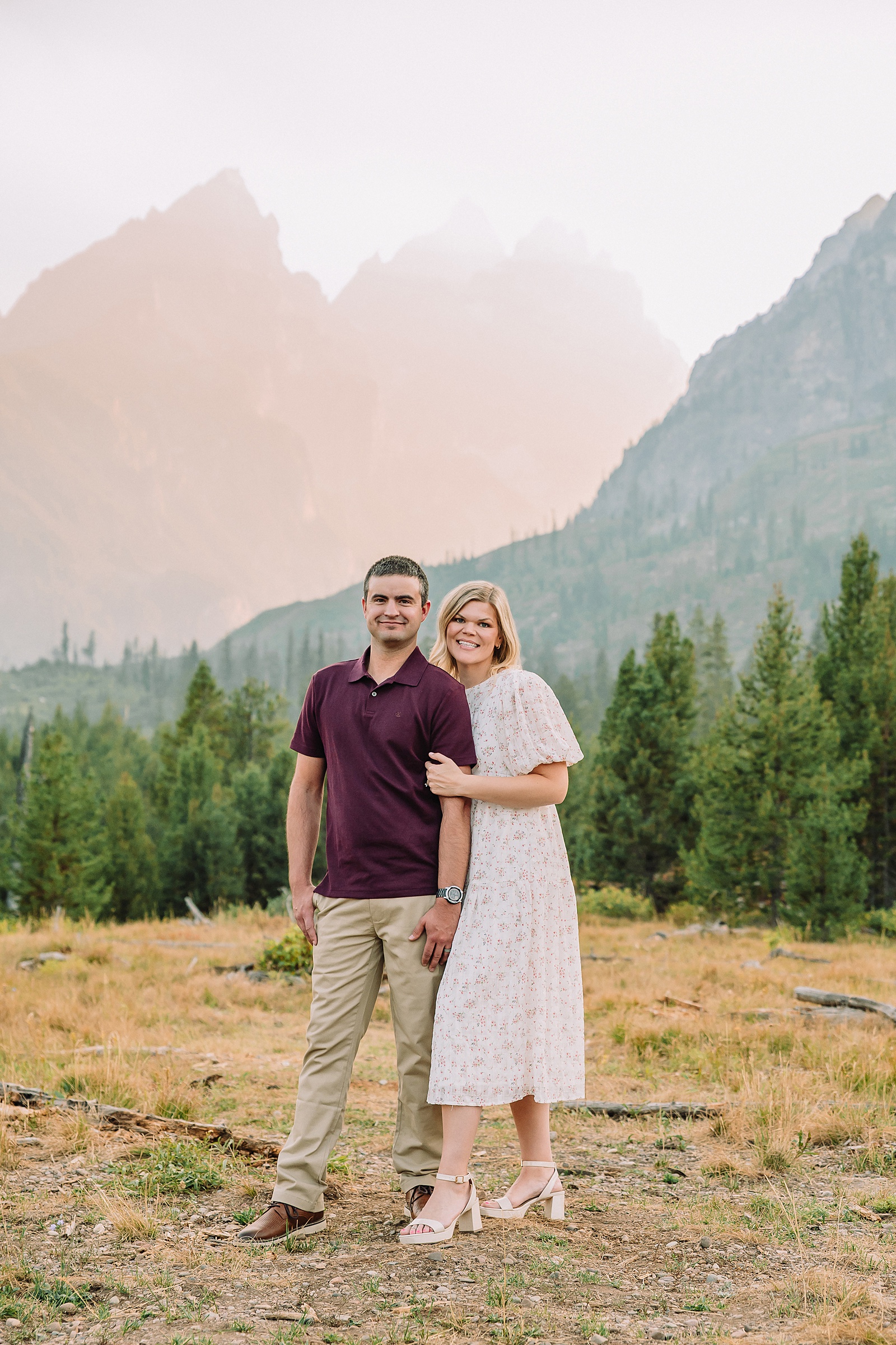 String Lake engagement photos in Grand Teton National Park Jackson Hole mountain engagement photography Teton engagement session at String Lake cream floral dress engagement photos Jackson Wyoming LDS temple wedding engagement photos Tetons fall engagement photo outfits Jackson Hole String Lake Wyoming couple photography session