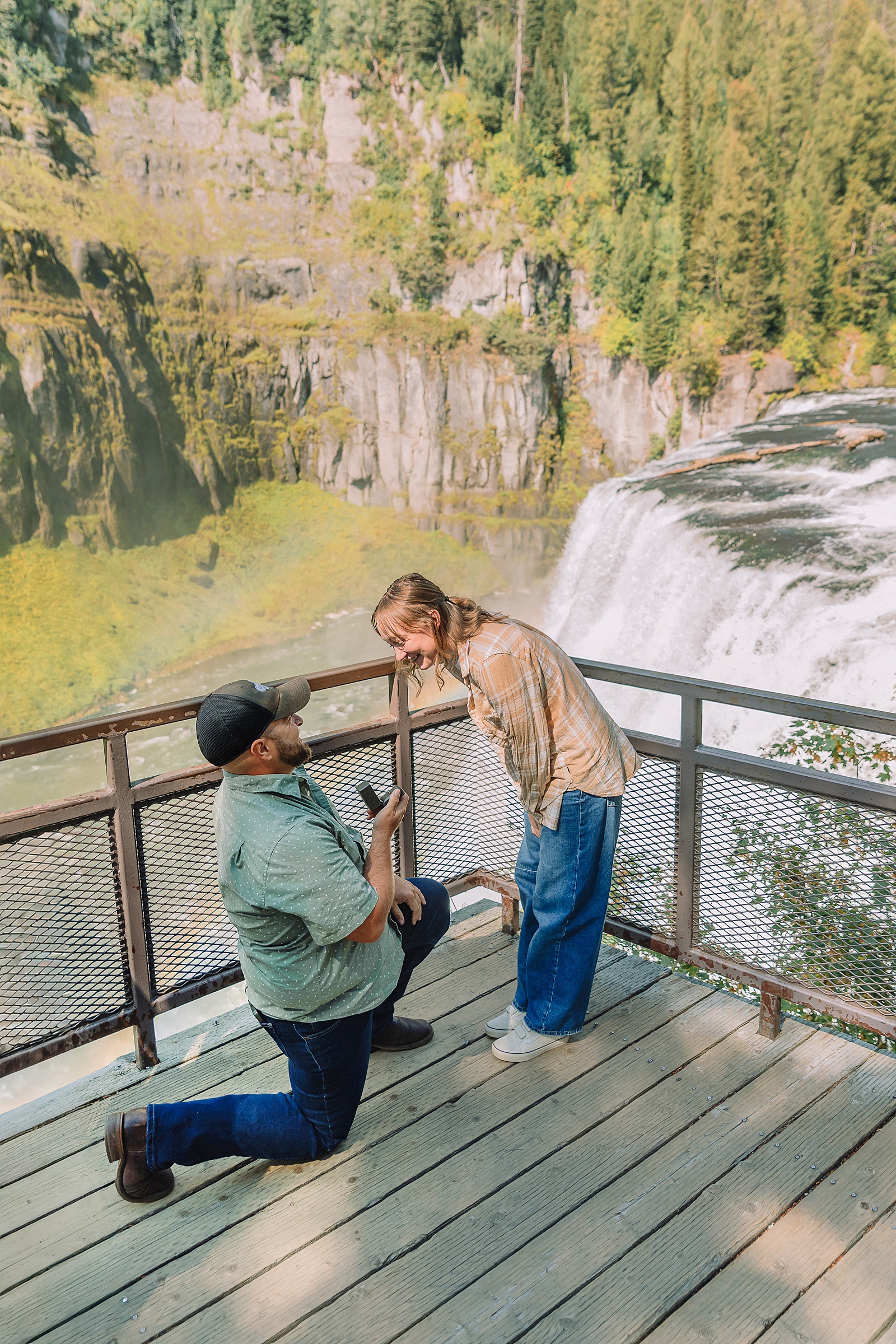 Mesa Falls Idaho proposal photography Upper Mesa Falls engagement photos boardwalk Idaho waterfall proposal photographer Mesa Falls rainbow proposal pictures