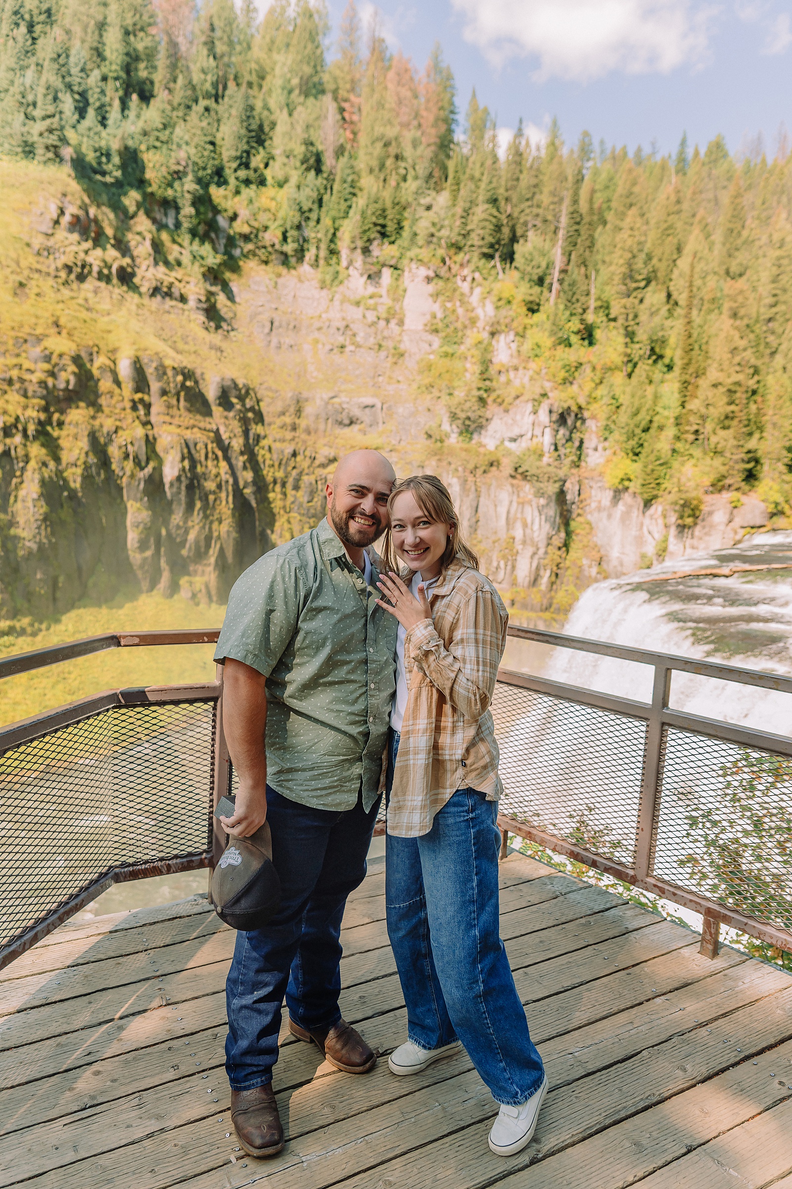 summer proposal photos Idaho waterfalls Mesa Falls boardwalk engagement session romantic Idaho Falls area proposal photos nature trail engagement photography Mesa Falls