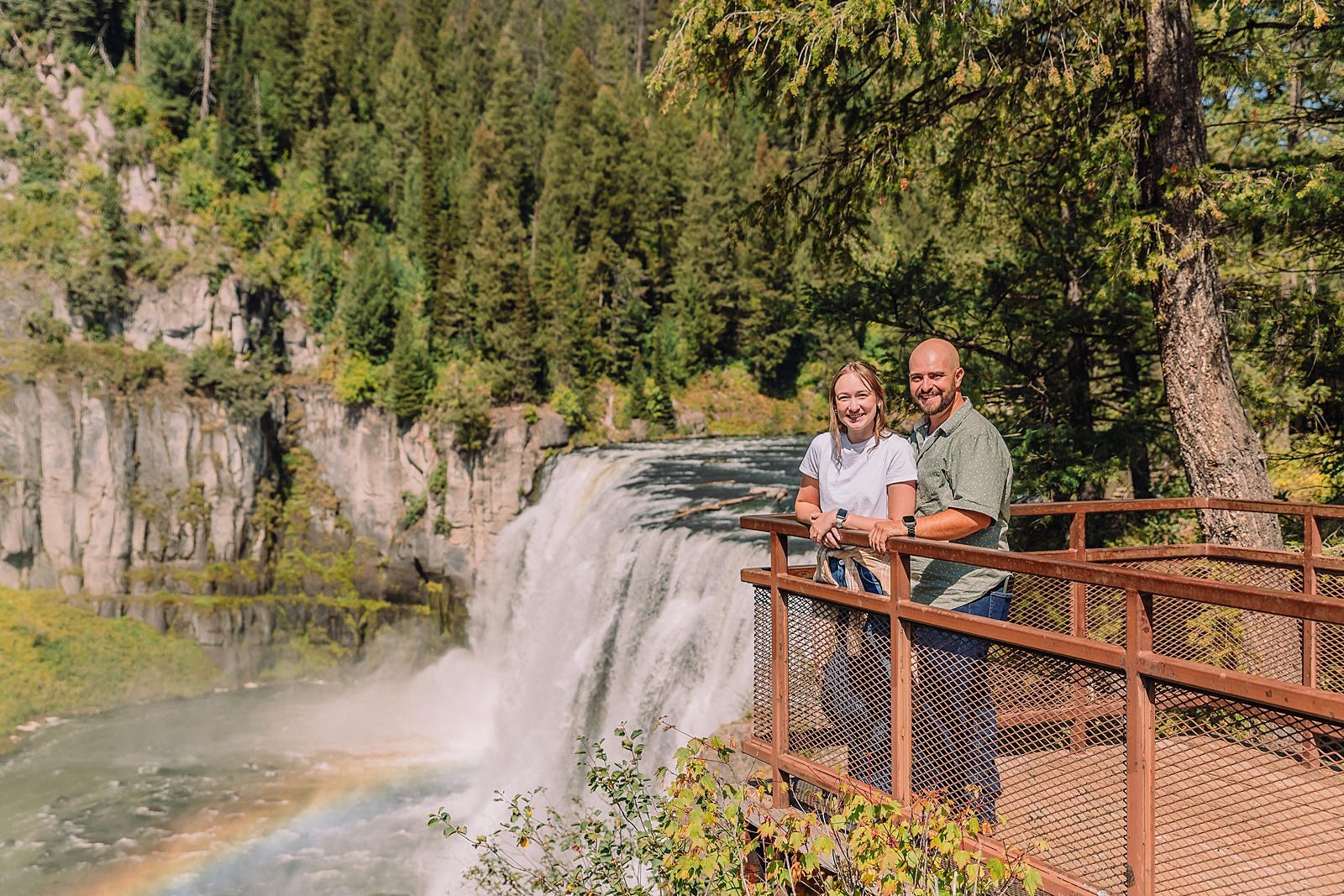 Idaho waterfall proposal photographer Mesa Falls rainbow proposal pictures summer proposal photos Idaho waterfalls Mesa Falls boardwalk engagement session