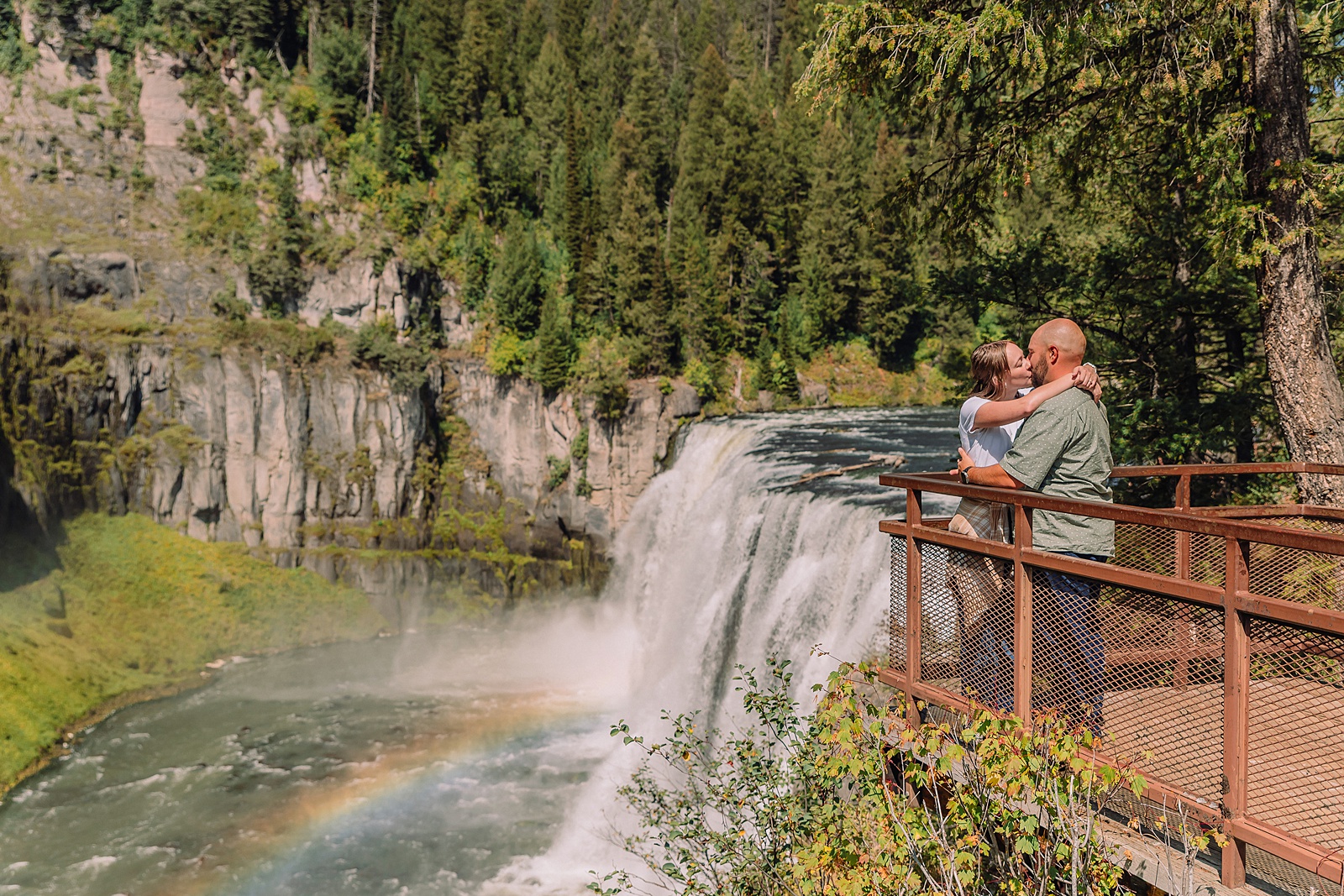 Mesa Falls Idaho proposal photography Upper Mesa Falls engagement photos boardwalk Idaho waterfall proposal photographer Mesa Falls rainbow proposal pictures summer proposal photos Idaho waterfalls