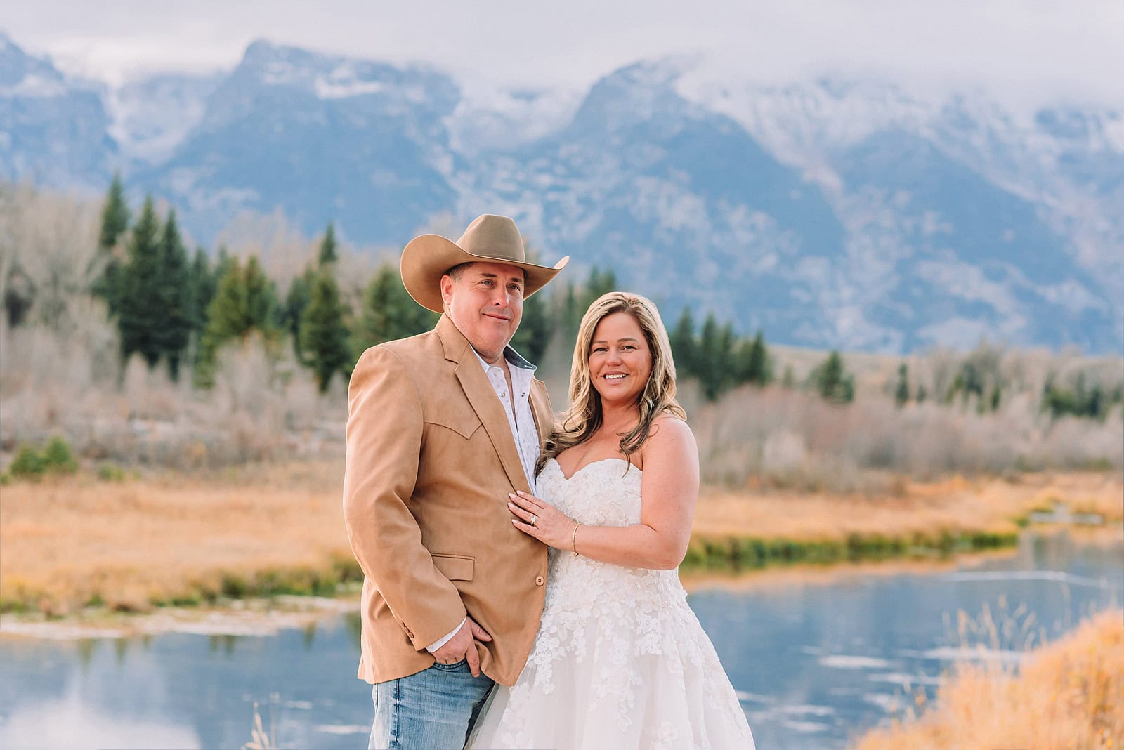 Schwabacher Landing elopement reflection photos elopement ceremony Jackson Hole October elopement at Mormon Row golden fields intimate Grand Teton elopement at Mormon Row