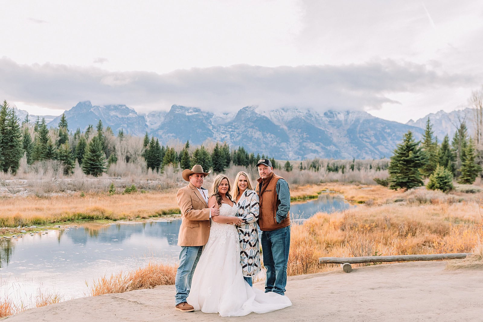 Schwabacher Landing elopement reflection photos elopement ceremony Jackson Hole October elopement at Mormon Row golden fields intimate Grand Teton elopement at Mormon Row