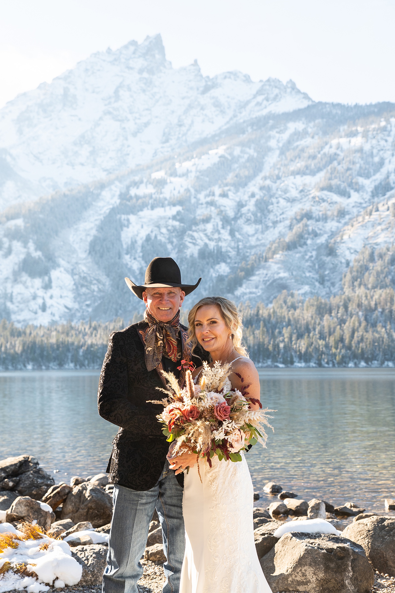 Grand Teton National Park wedding photography October Jenny Lake elopement photos with snow Jackson Hole Wedding Photos Lakeside wedding portraits in late Fall