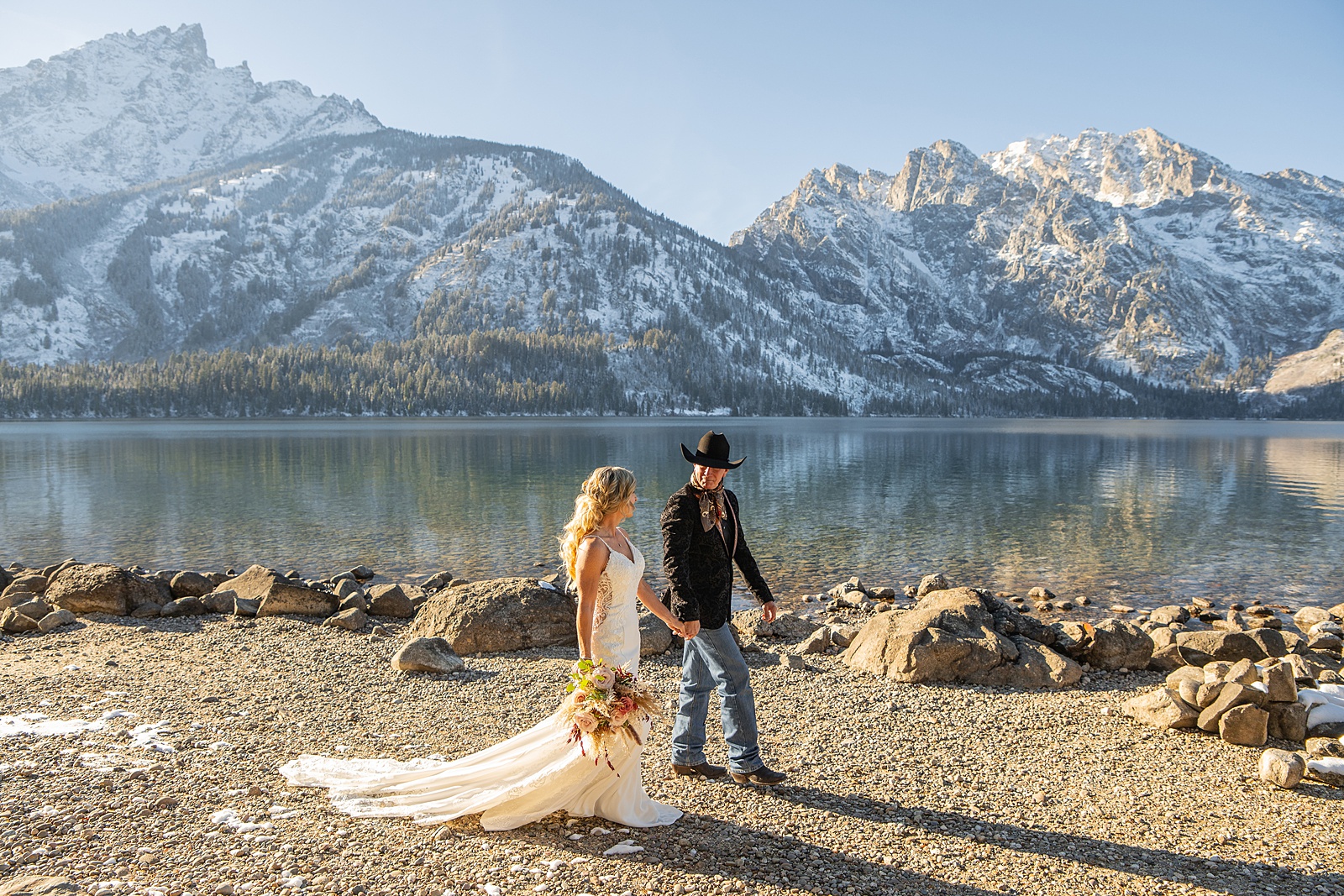 Grand Teton National Park wedding photography October Jenny Lake elopement photos with snow Jackson Hole Wedding Photos Lakeside wedding portraits in late Fall
