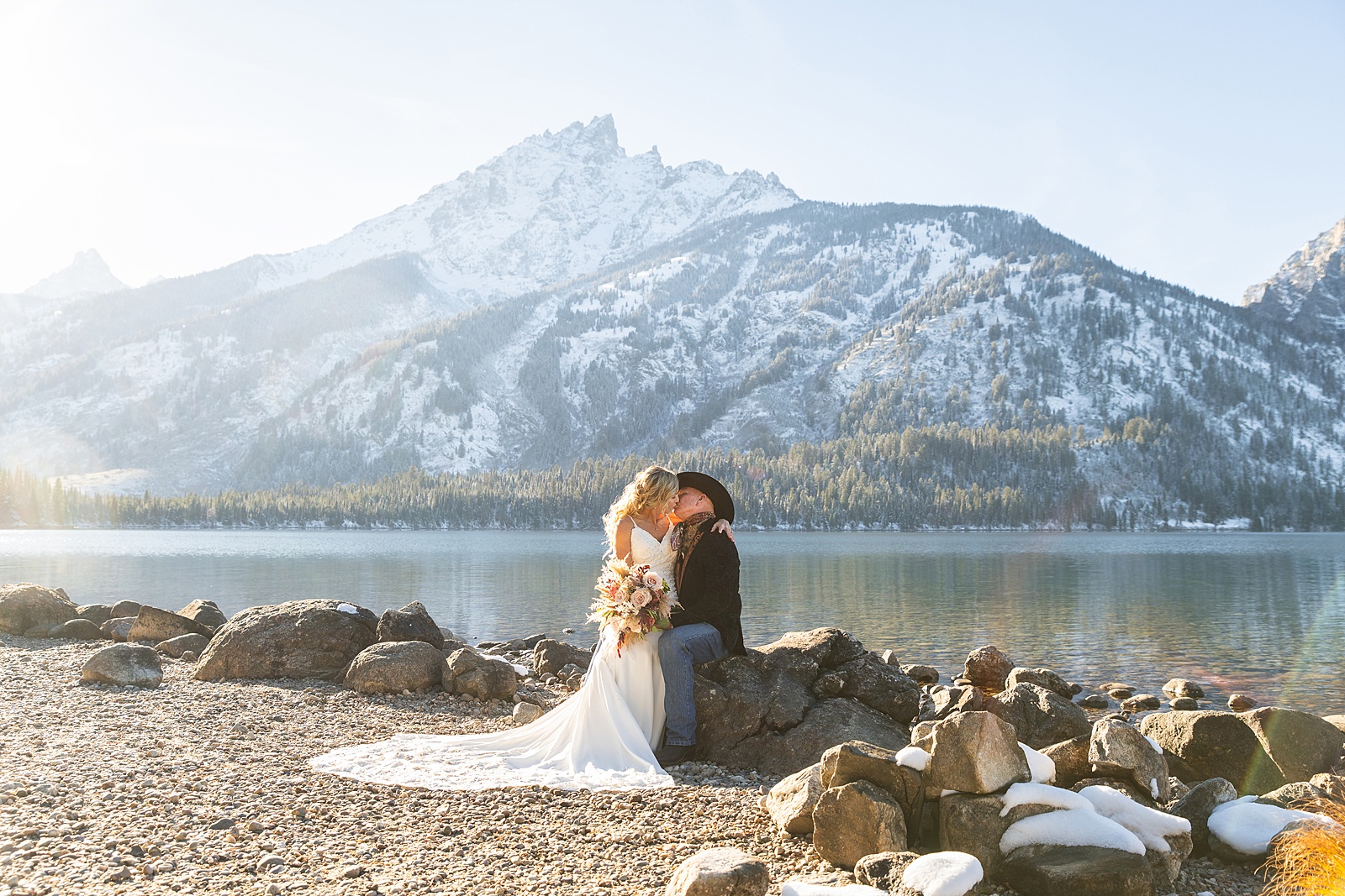 Grand Teton National Park wedding photography October Jenny Lake elopement photos with snow Jackson Hole Wedding Photos Lakeside wedding portraits in late Fall