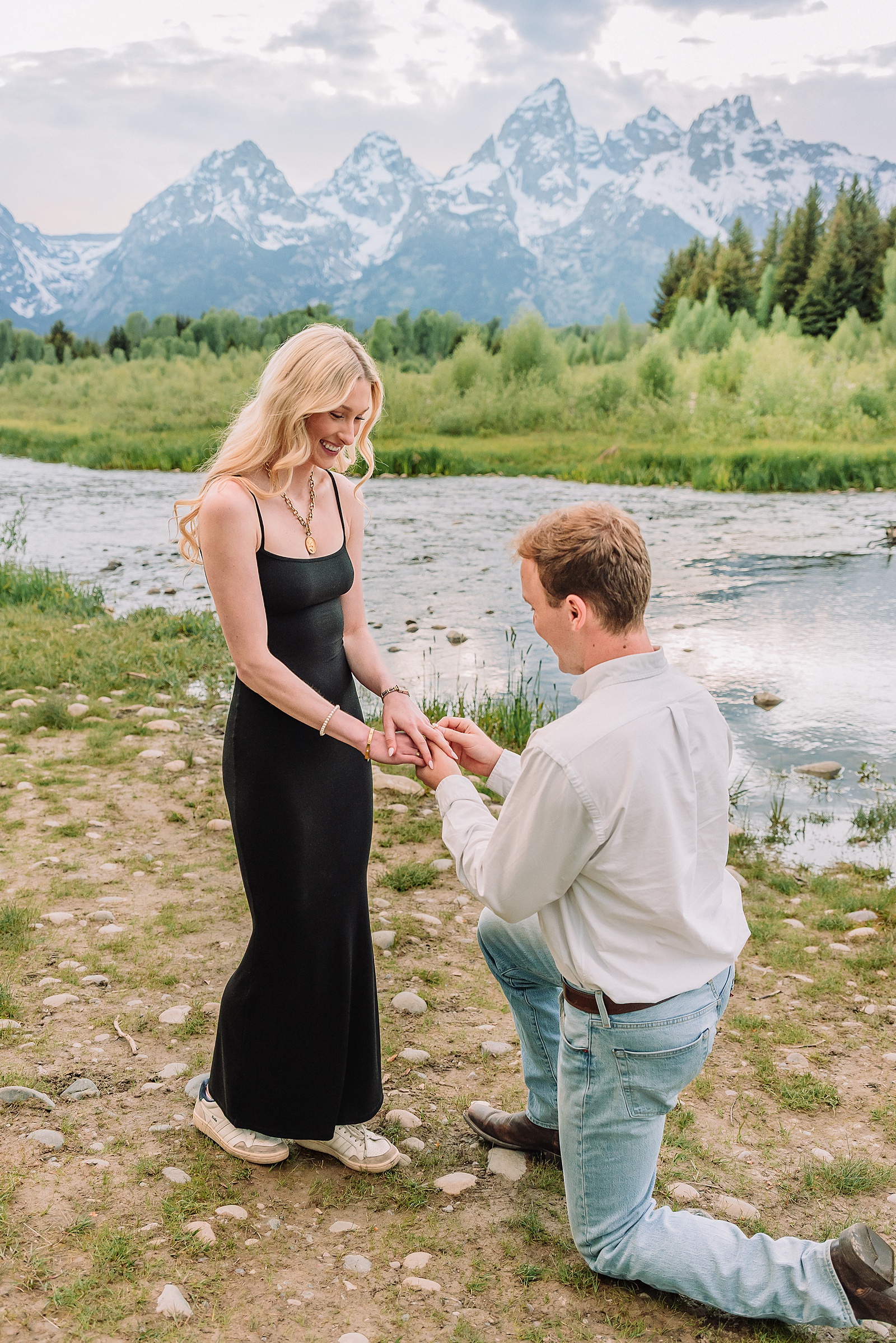 mountain backdrop proposal photography Grand Tetons Schwabacher Landing proposal session June natural light proposal photos Grand Teton mountains proposal photos grand tetons romantic Grand Teton National Park proposal photos