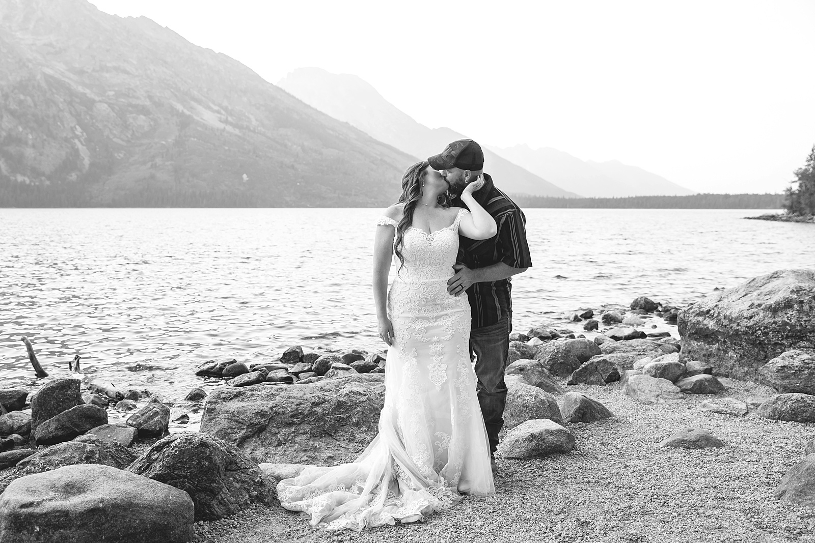 Jenny Lake sunset elopement portraits lace wedding gown Teton Mountains elopement Lakeshore wedding photos in Jackson Hole