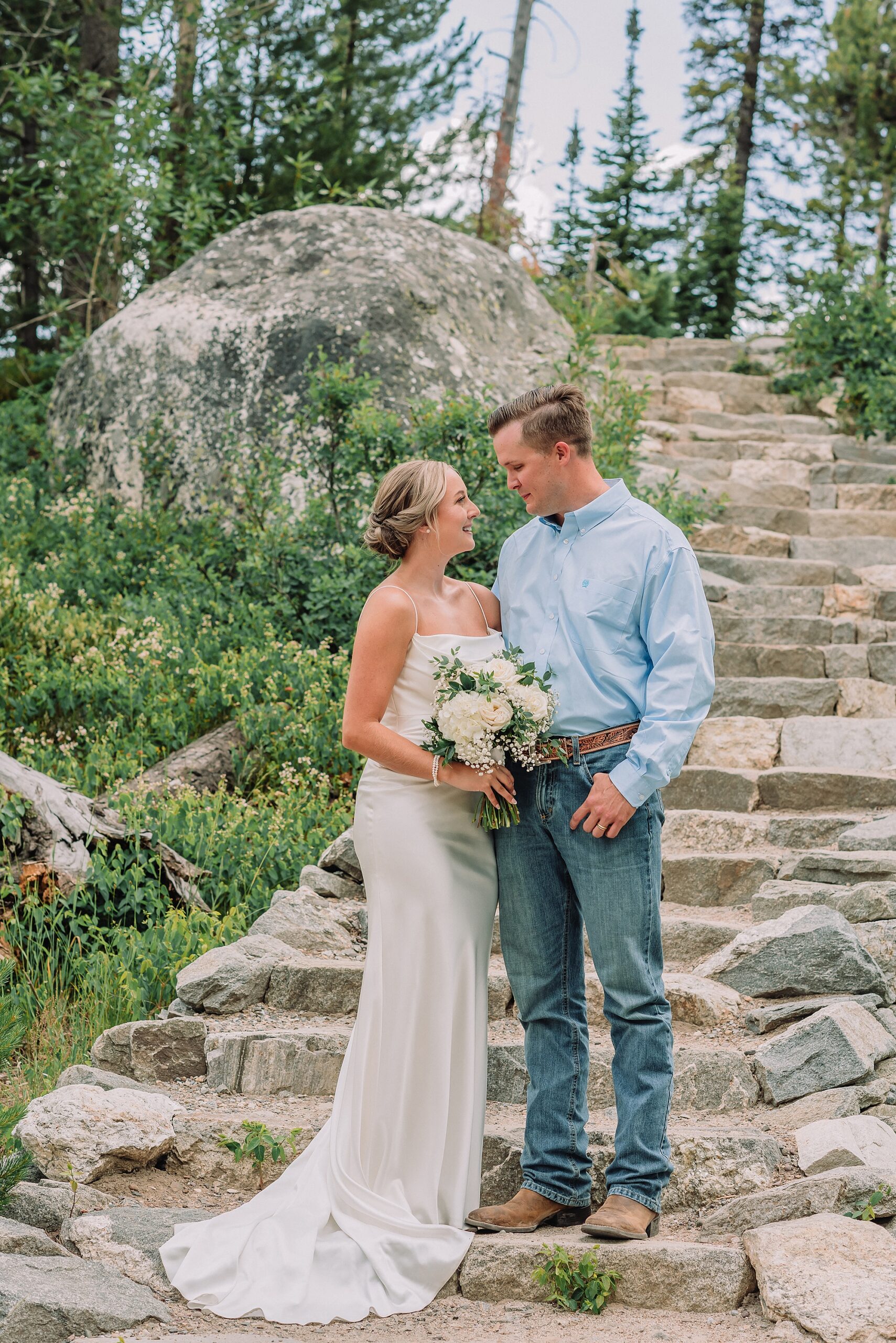 Jenny Lake elopement photos with family Jenny Lake stone staircase wedding photos Grand Teton National Park intimate wedding photography Jackson Hole elopement photographer for families Tetons Elopement Photographer