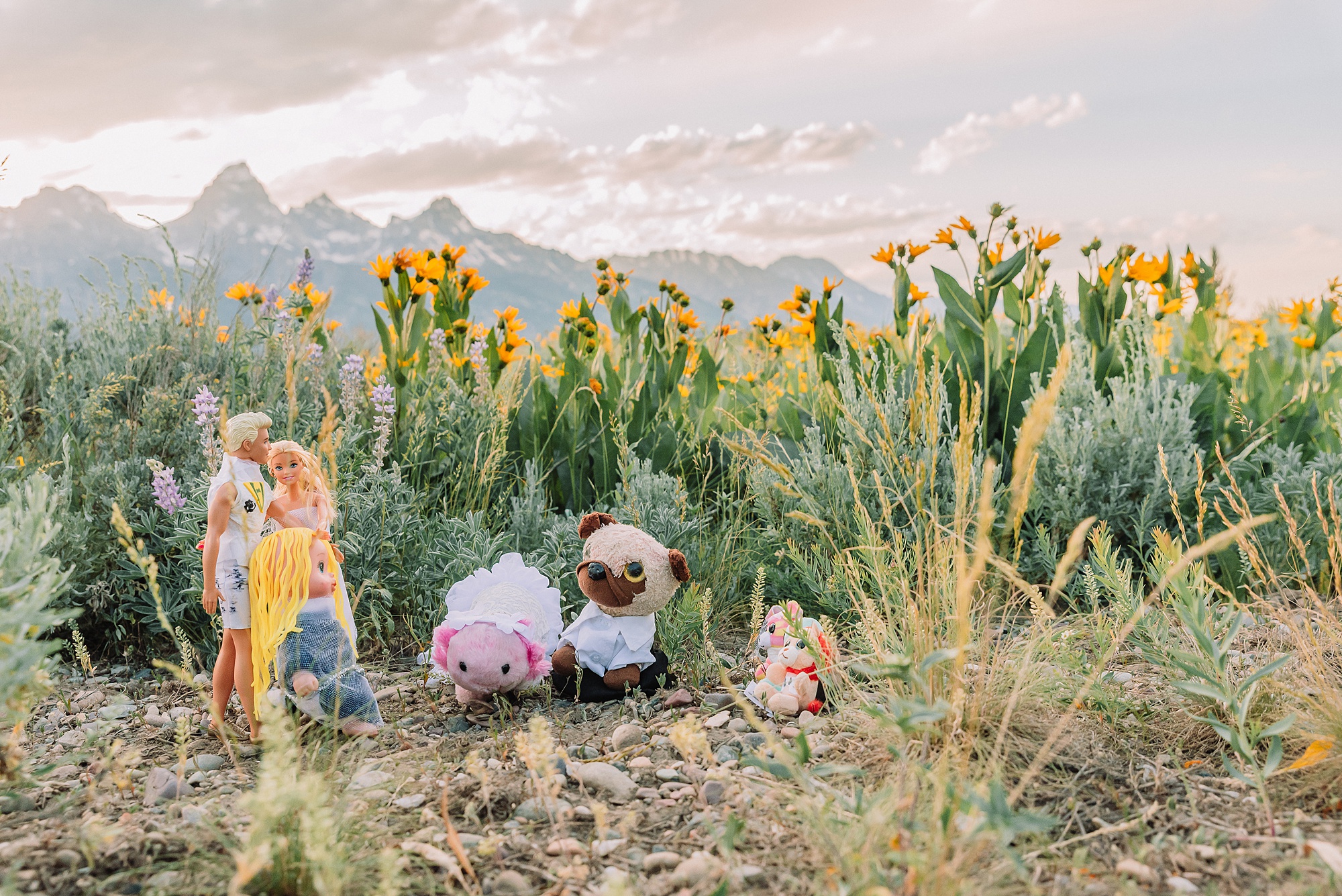 Blacktail Butte wildflower elopement session Grand Teton National Park intimate wedding photography Wyoming mountain elopement with children Summer Grand Teton elopement pictures June Wedding with wildflowers