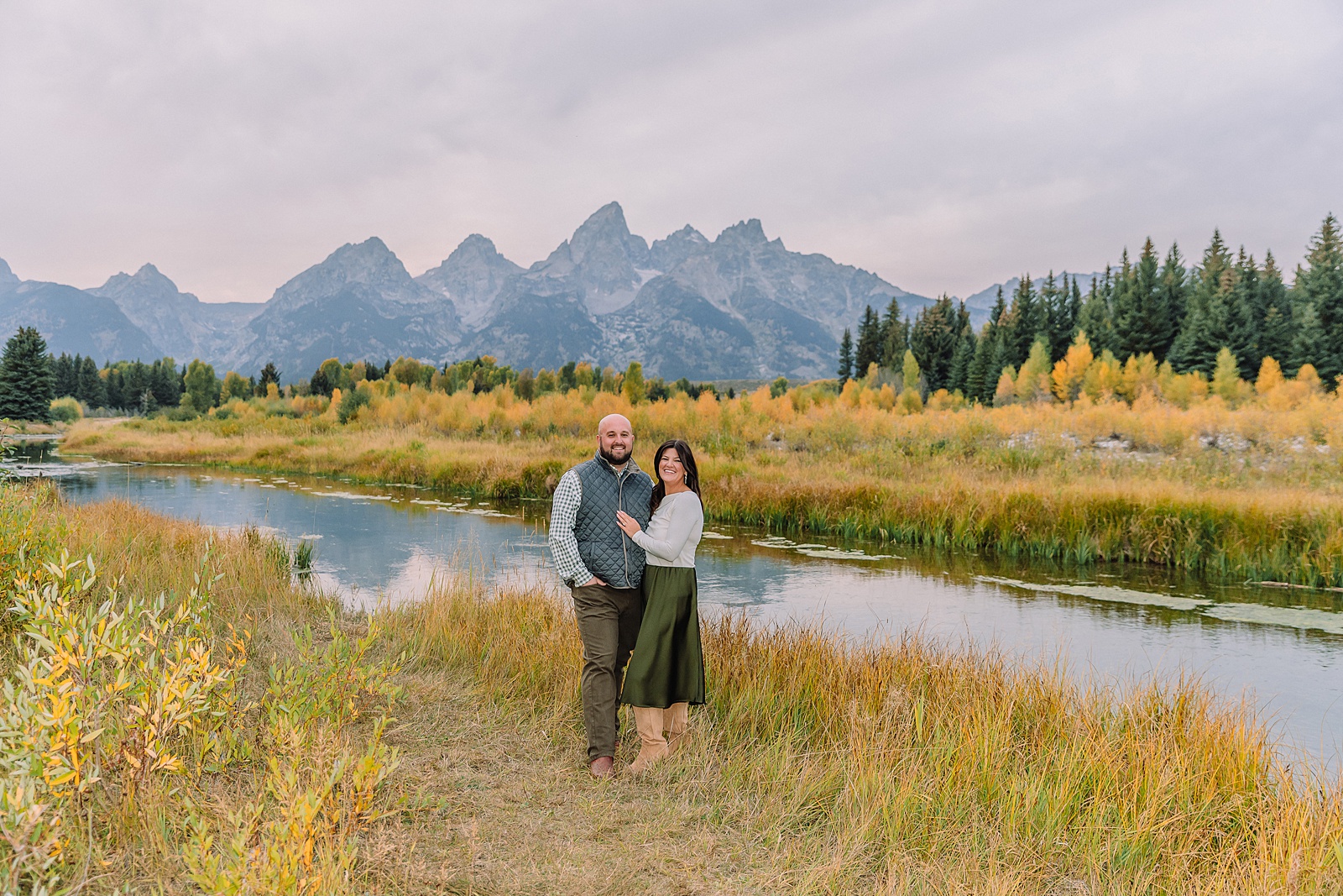 Schwabacher Landing sunset engagement photos mountain engagement photos Grand Tetons multiple outfit engagement photo session Jackson Hole Engagement Photographer