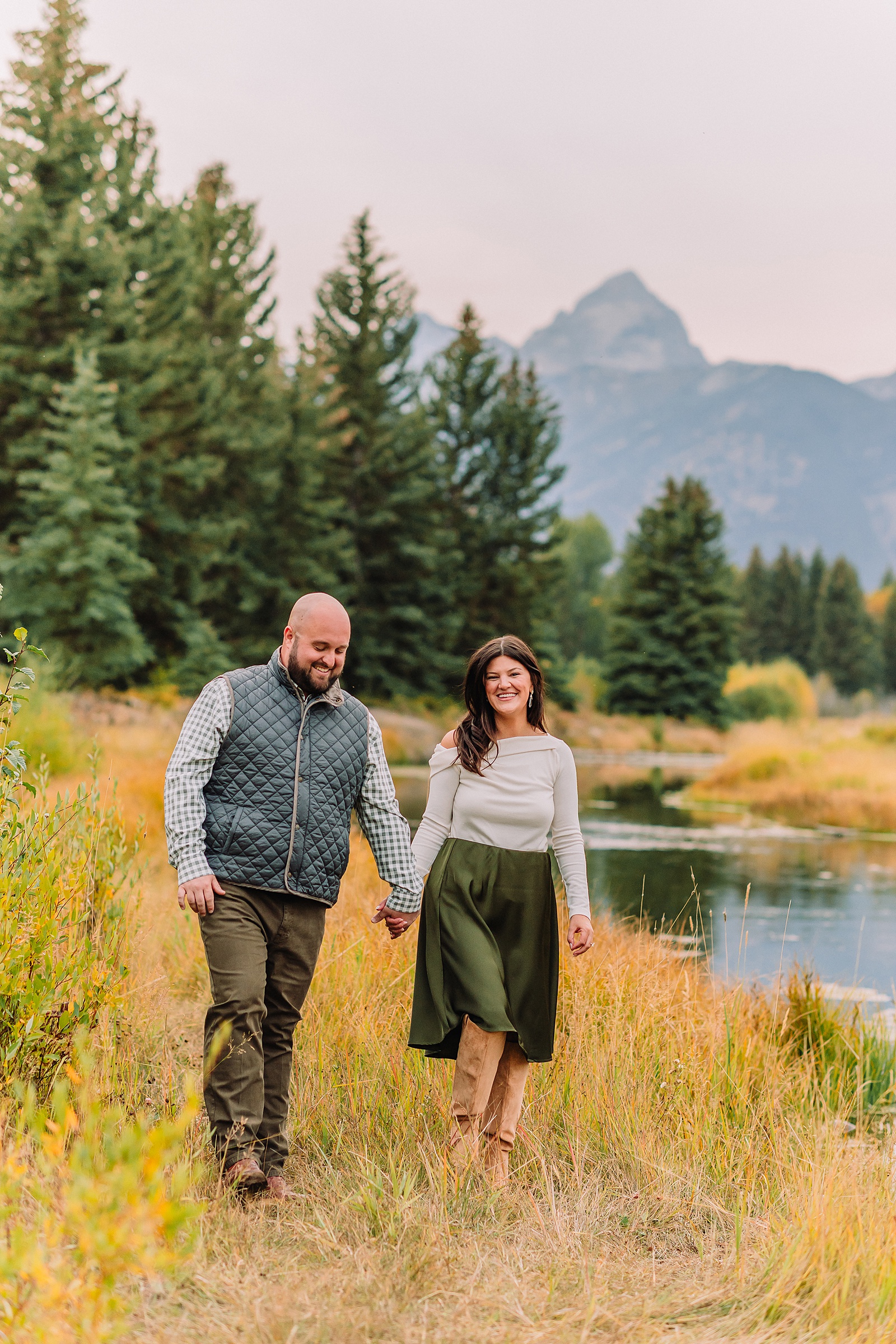 Schwabacher Landing sunset engagement photos mountain engagement photos Grand Tetons multiple outfit engagement photo session Jackson Hole Engagement Photographer