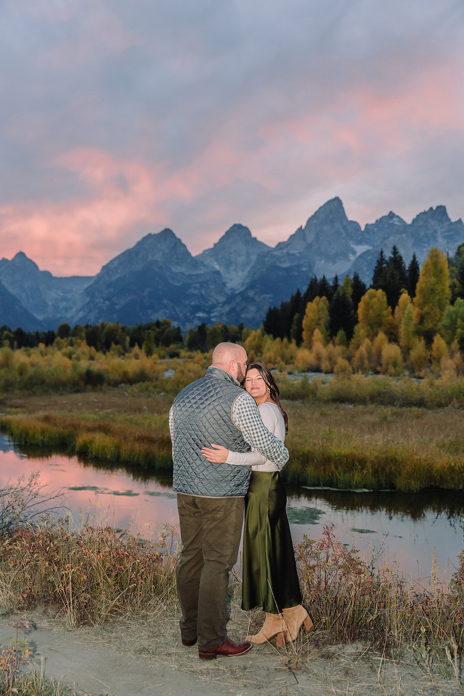 Schwabacher Landing sunset engagement photos mountain engagement photos Grand Tetons multiple outfit engagement photo session Jackson Hole Engagement Photographer
