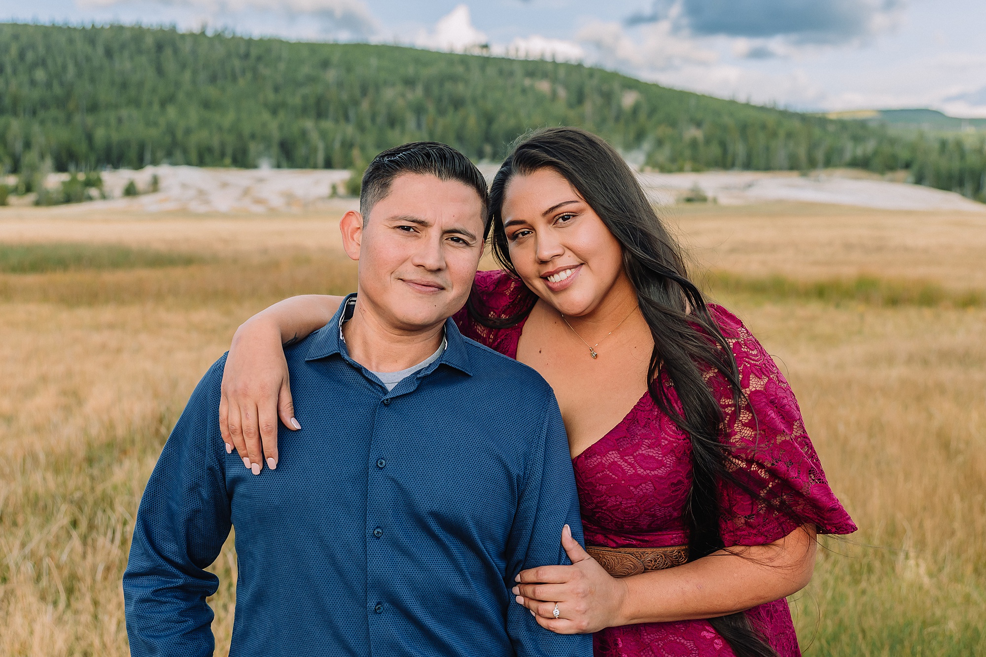 Yellowstone engagement photos at Castle Geyser Old Faithful Inn engagement session Upper Geyser Basin engagement photography Firehole River bridge engagement photos Castle Geyser proposal location photos