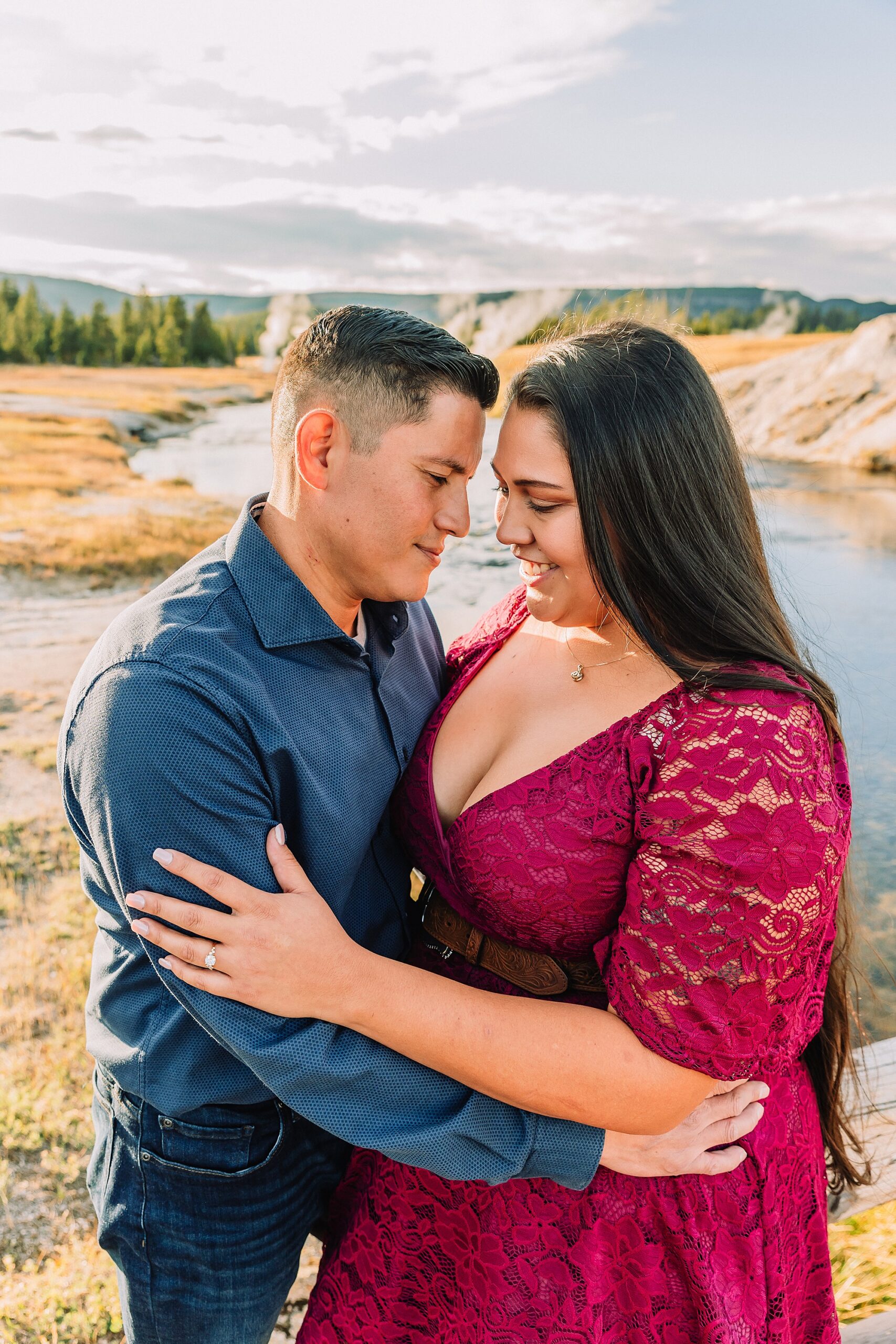 Yellowstone engagement photos at Castle Geyser Upper Geyser Basin engagement photography Firehole River bridge engagement photos Old Faithful elopement photographer Yellowstone hot springs engagement session Yellowstone Engagement Photographer