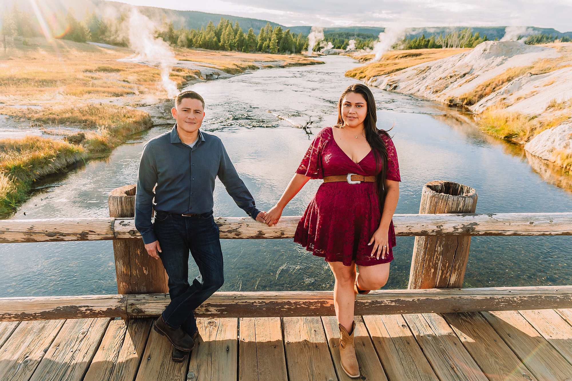 Yellowstone engagement photos at Castle Geyser Upper Geyser Basin engagement photography Firehole River bridge engagement photos Old Faithful elopement photographer Yellowstone hot springs engagement session Yellowstone Engagement Photographer