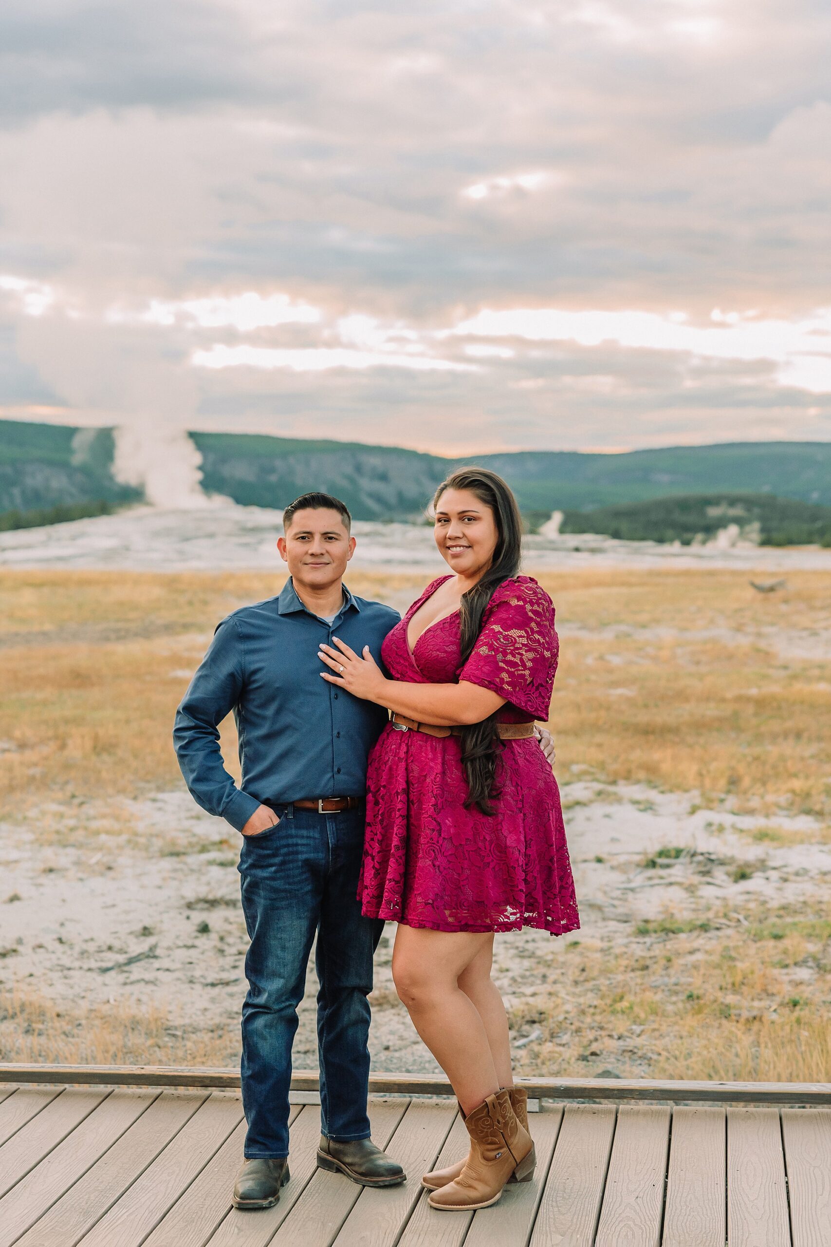 Yellowstone engagement photos at Castle Geyser Old Faithful Inn engagement session Upper Geyser Basin engagement photography Yellowstone hot springs engagement session Yellowstone Engagement Photographer