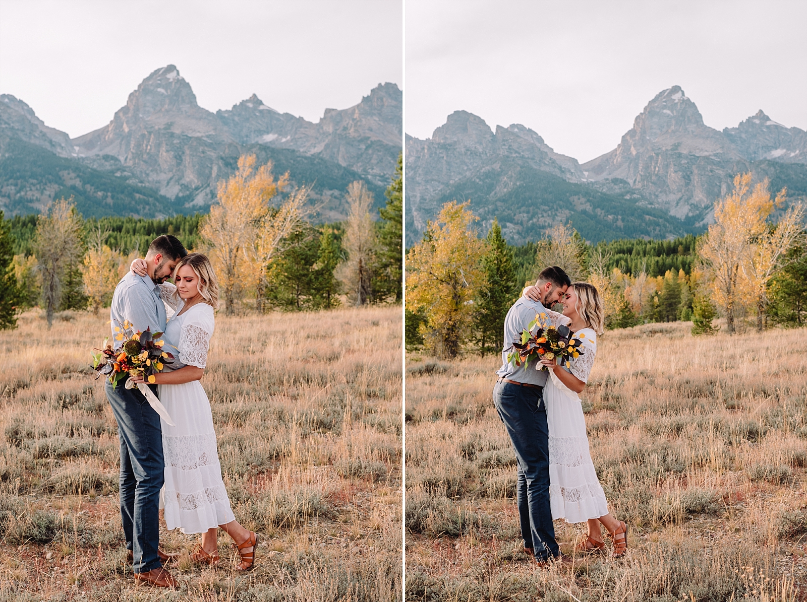 bride and groom in front of Tetons mountains