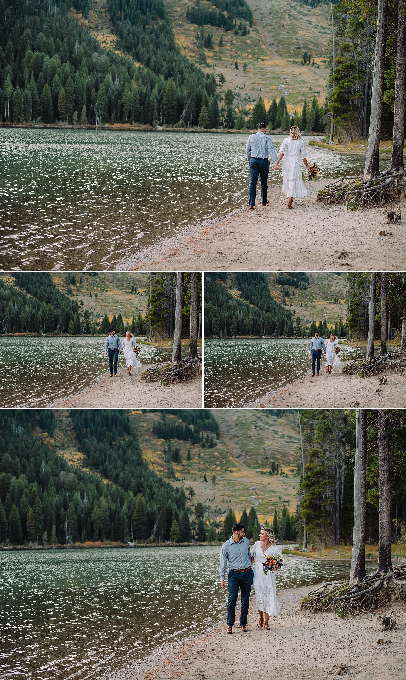 bride and groom walking in lake teton mountains beach