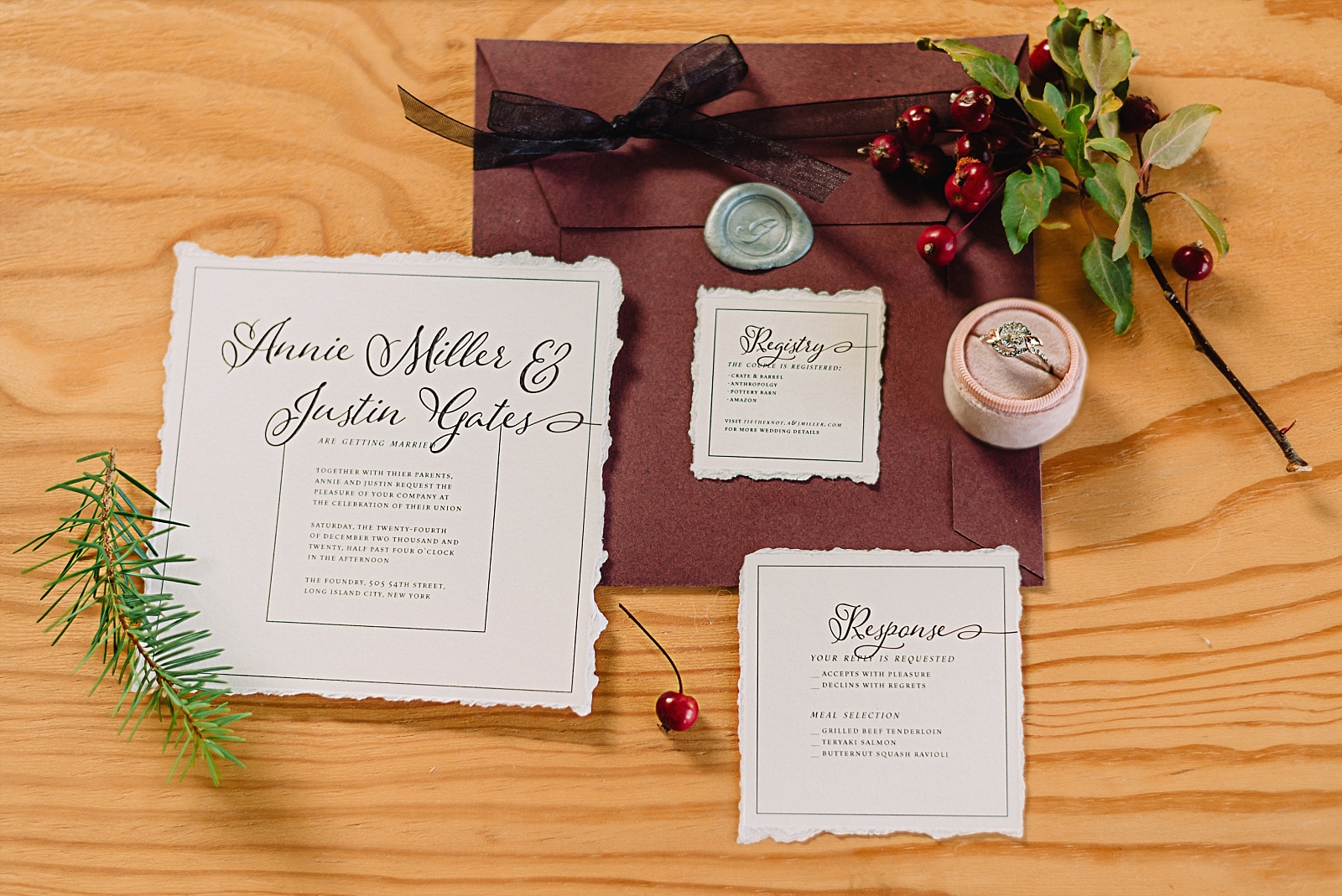 wedding ring box and invitation suite burgundy