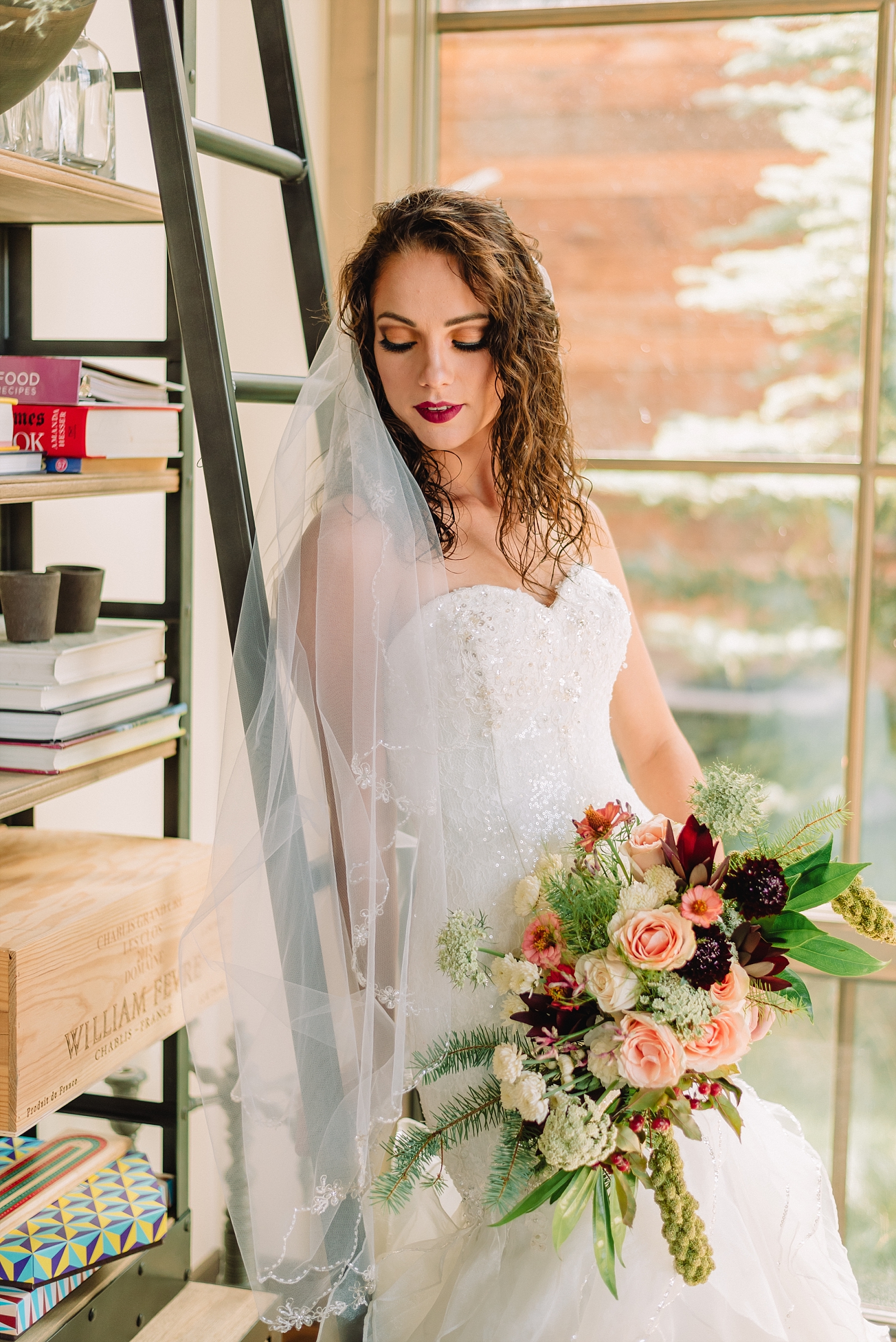 bride holding her bouquet indoor wedding