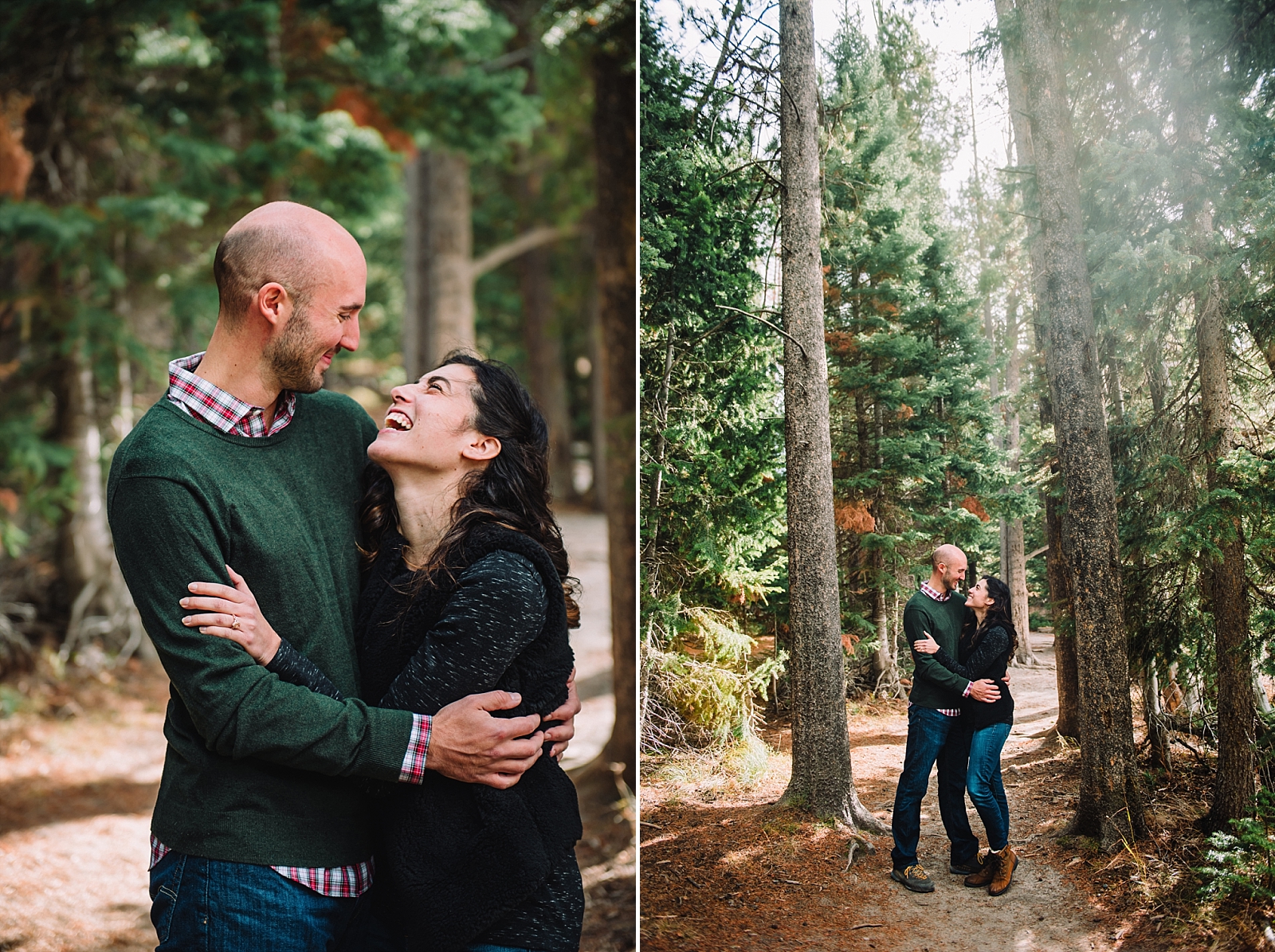 engaged couple forest mountains