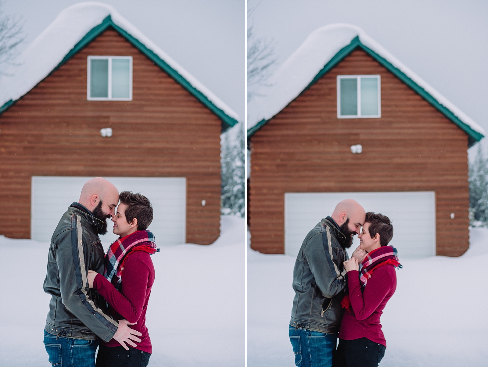 couple in front of cabin winter
