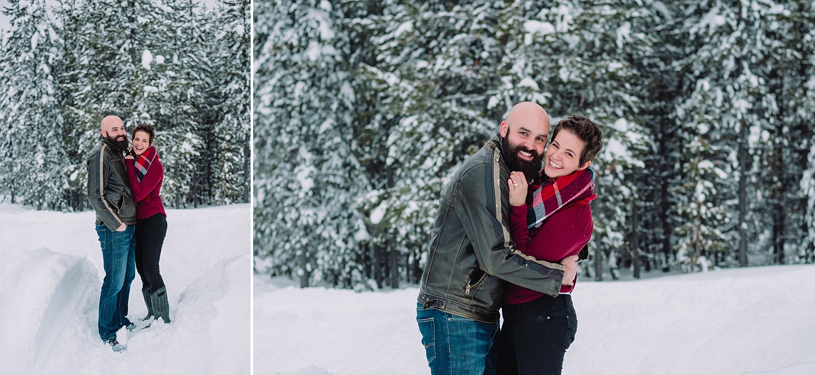 couple in front of flocked pine trees snow winter engagements
