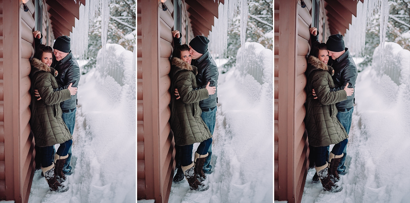 winter engagement session at cabin