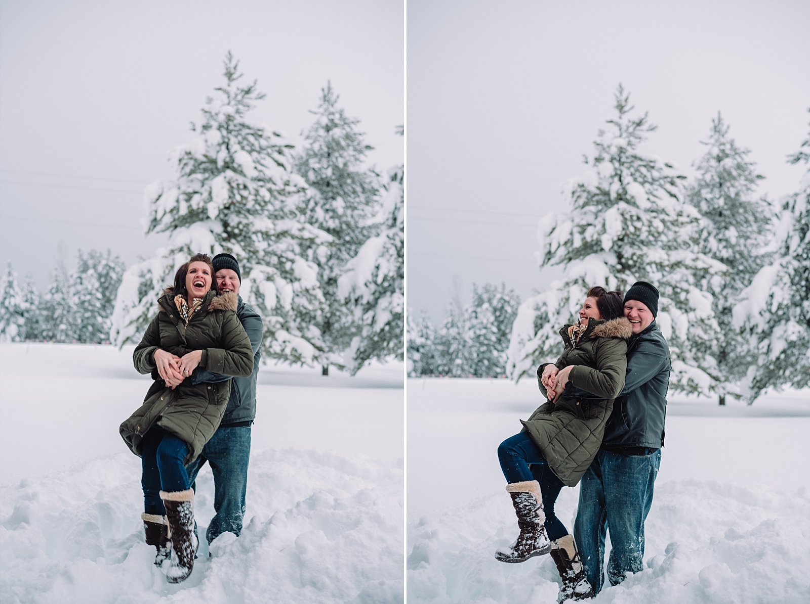 engaged couple fun in the snow