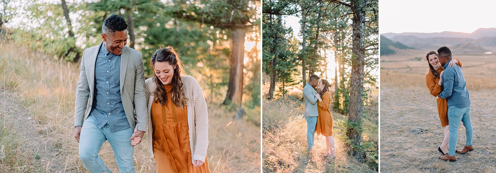 engaged couple photos love walking, snuggling, forest, mountains