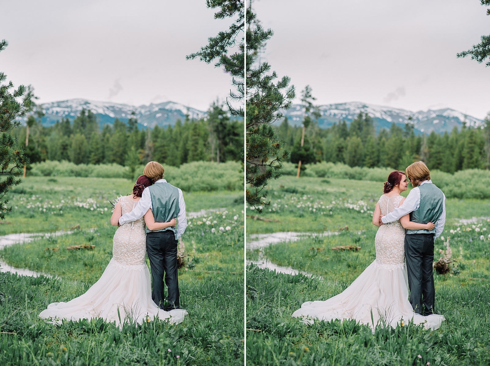 meadow in the mountain with bride and groom idaho wedding