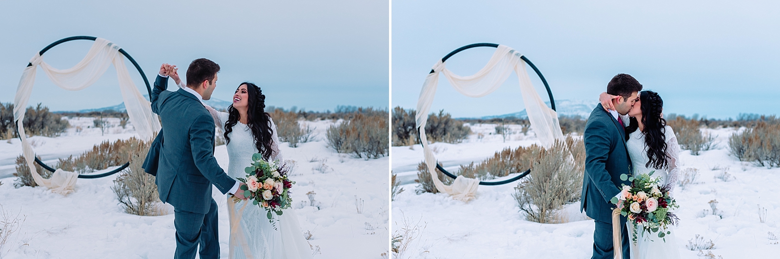 bride and groom walking through snow winter wedding romantic playful