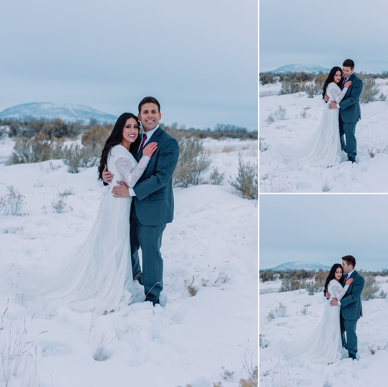 bride and groom traditional pose winter wedding