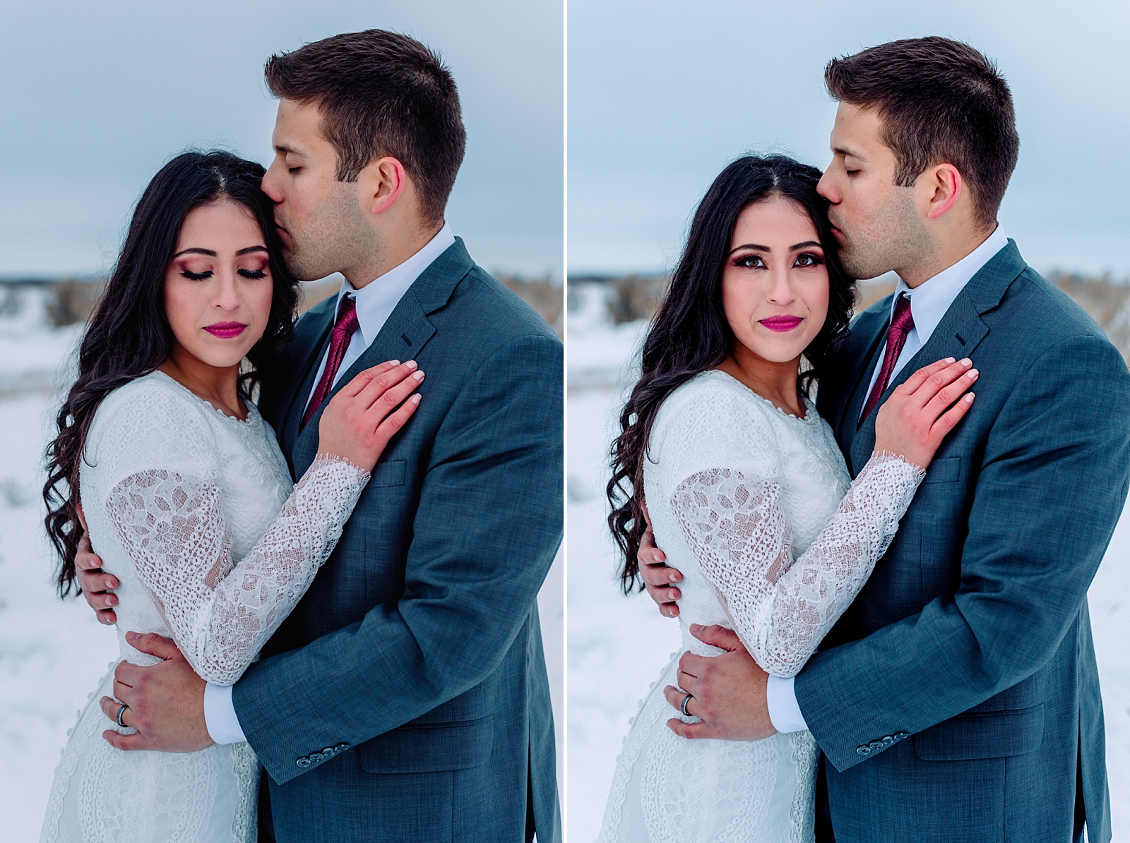 groom kissing bride forehead winter wedding romantic loving