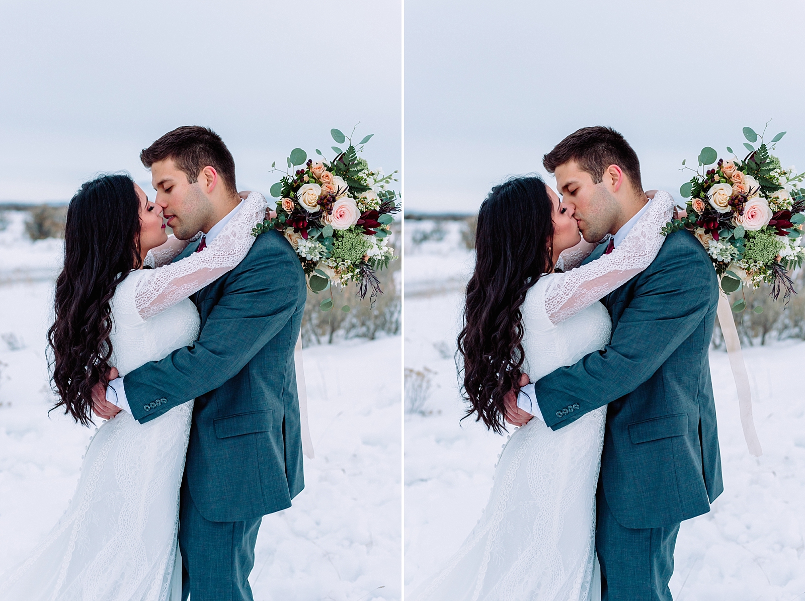 bride with arms looped over groom neck winter wedding