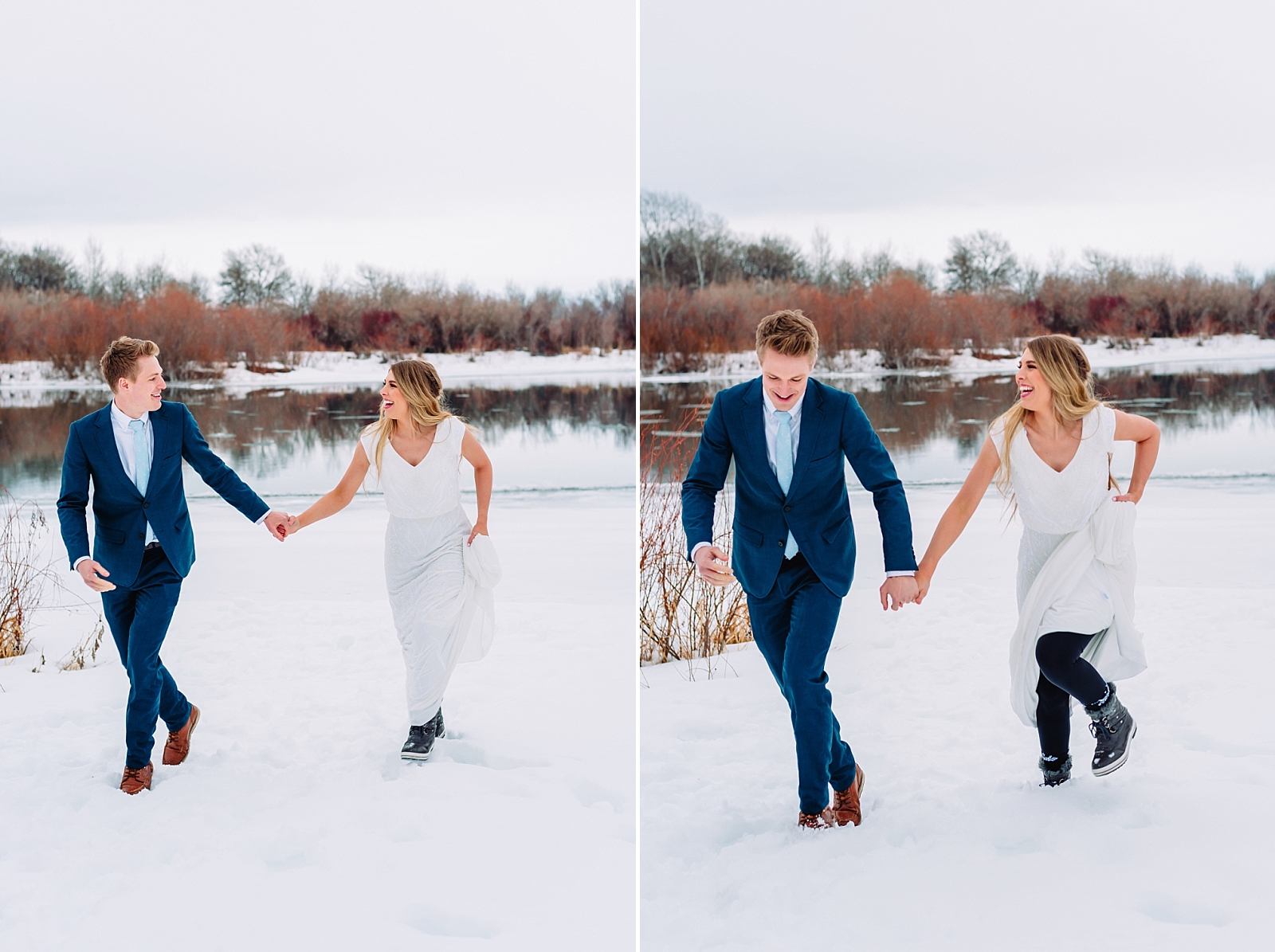bride and groom running holding hands winter wedding