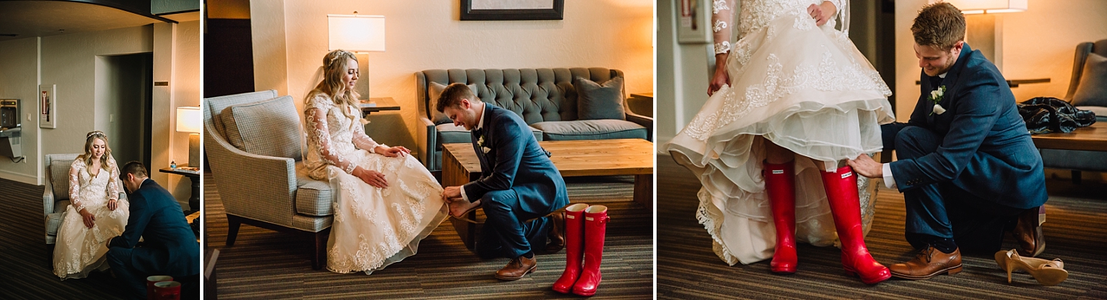 groom serving bride wedding day red boots wyoming